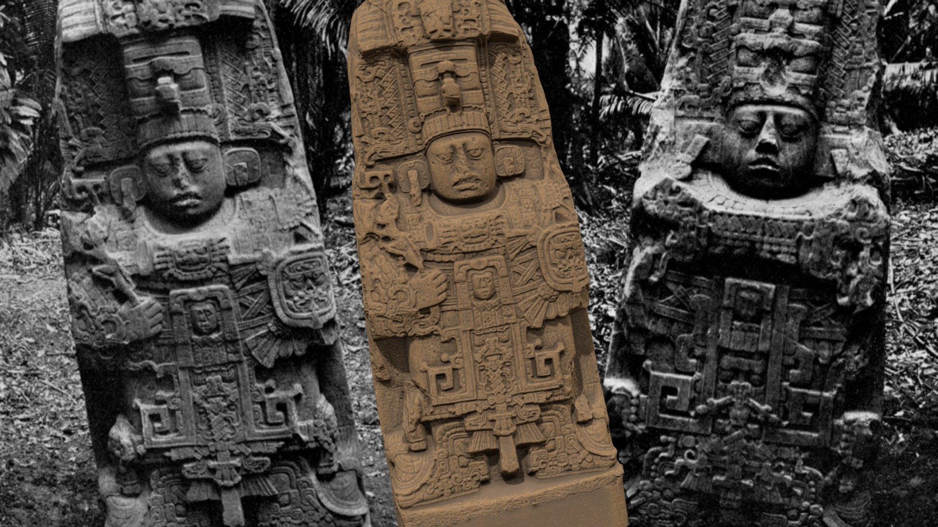Quirigua Stela K - 3D model shown in relation to c. 1909 image showing west (right) and east (left) sides. This photo was taken during fieldwork at the site by Edgar Hewett, Director of the School of American Archaeology in Santa Fe, New Mexico. This carved stone monument is from the Maya site of Quirigua, Department of Izabal, Guatemala (UNESCO World Heritage site). Working in collaboration with Guatemalan archaeologists and site management, our team of heritage and 3D specialists are recording thestela and carvings as well as terrain and site landscape details. Project attribution: Dirección General del Patrimonio Cultural y Natural del Ministerio de Cultura y Deportes, and the Quiriguá Archaeological Park and Ruins.
See: Matthew Looper's Quirigua: A Guide to an Ancient Maya City, 2007 for more discussion and additional references). For more on our project: [https://dhhc.lib.usf.edu/project/the-quirigua-3d-project/]. Project in collaboration with Oswaldo Gomez, Administrador at Parque Arqueológico Quiriguá 3d model