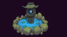 Stylized pond with stonelamp lamp, pond, stone, fantasy, rock