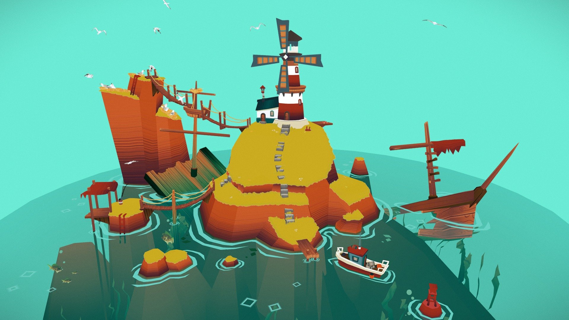 My submission for the first Low Poly challenge of 2021!

The combined lighthouse and windmill provides the Lighthouse Keeper with an excellent view of the surrounding reef, unfortunately it lighthouse no longer works as intended, meaning there have been a few&hellip; mishaps over the years. Though we are assured that it certainly wasn't the Keeper's intention! The crows nest provides a convenient way to cut across to get those fresh seagull eggs in the morning, and the diving platform provides a nice way to keep entertained through those hot summer days.

There's plenty to do and see - a fishing platform, covered to keep you protected from the midday sun, the odd wreck and legend has it there's a treasure chest that's been pulled on shore! 

All my own concepts, designs, modelling and texturing 3d model