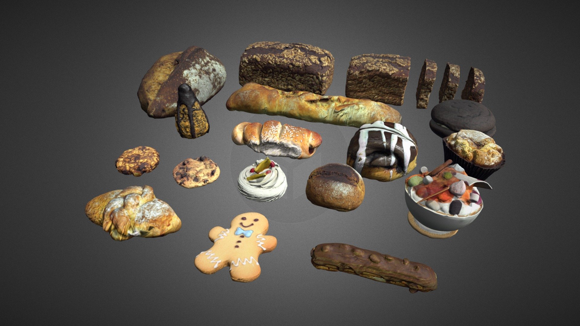 Bakery Pack



This high-quality model pack was created using photogrammetry. It can be used for games and architectural visualization.



Features:

The pack consists of 20 high quality baking objects.
 
The models have a Low poly LOD and a Mid poly LOD for close-ups
PBR photoscan-based materials

Assets Included:

BiscuitCake

BreadBrick

4 BreadBrickCut

BreadGray

BunGlaze

BunGray

Cake

CakeAnthill

CookieChocolate

CupCake

Eclair

FrenchBread

GingerbreadMan

MeringuePie

OatCookies

Pigtail

Sausage



Technical Details:

Texture Sizes: 2048x2048

LODs: 2

Number of Meshes: 40

Number of Materials: 40

Number of Textures: 120 (Base Color, Normal Map, Roughness)

Intended Platforms: Desktop
 - Bakery Pack - Buy Royalty Free 3D model by CG Duck (@cg_duck) 3d model