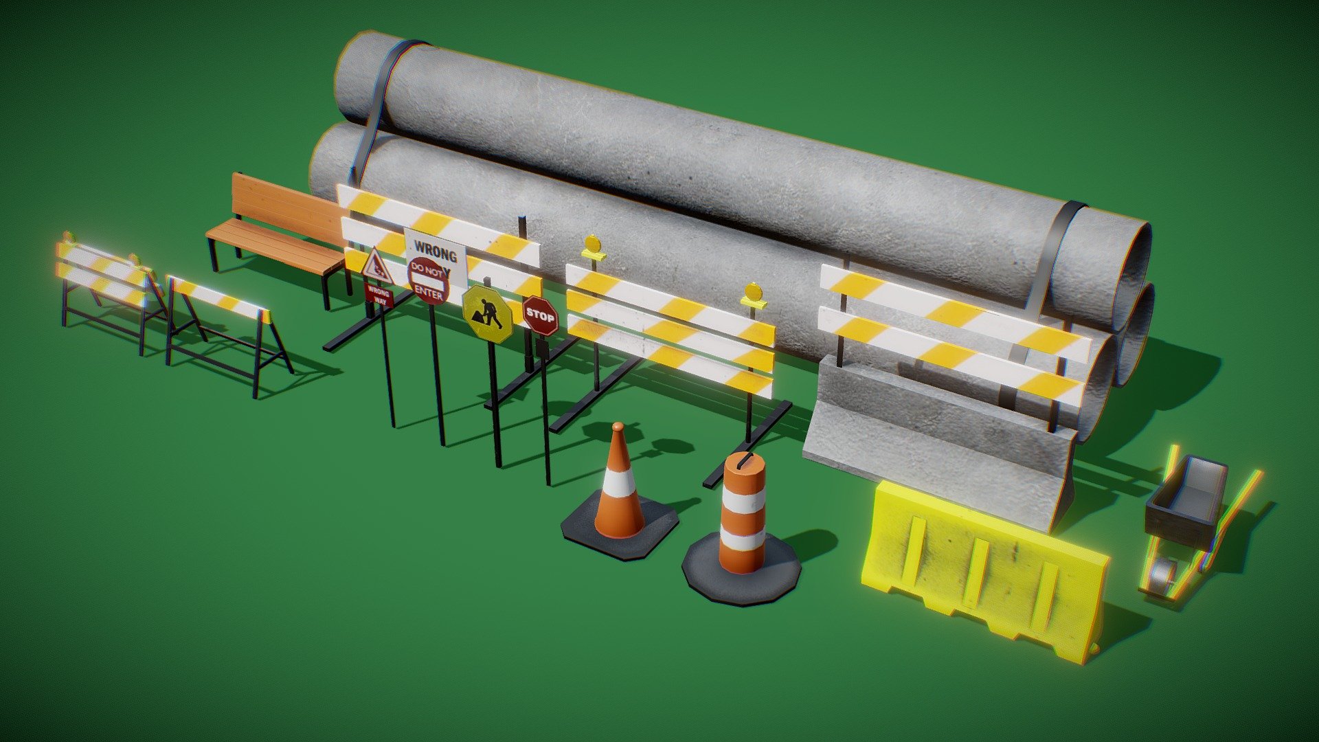 Low poly Road Assets for AR and mobile game environment.
15 road objects include road block, pipe and road sign 3d model