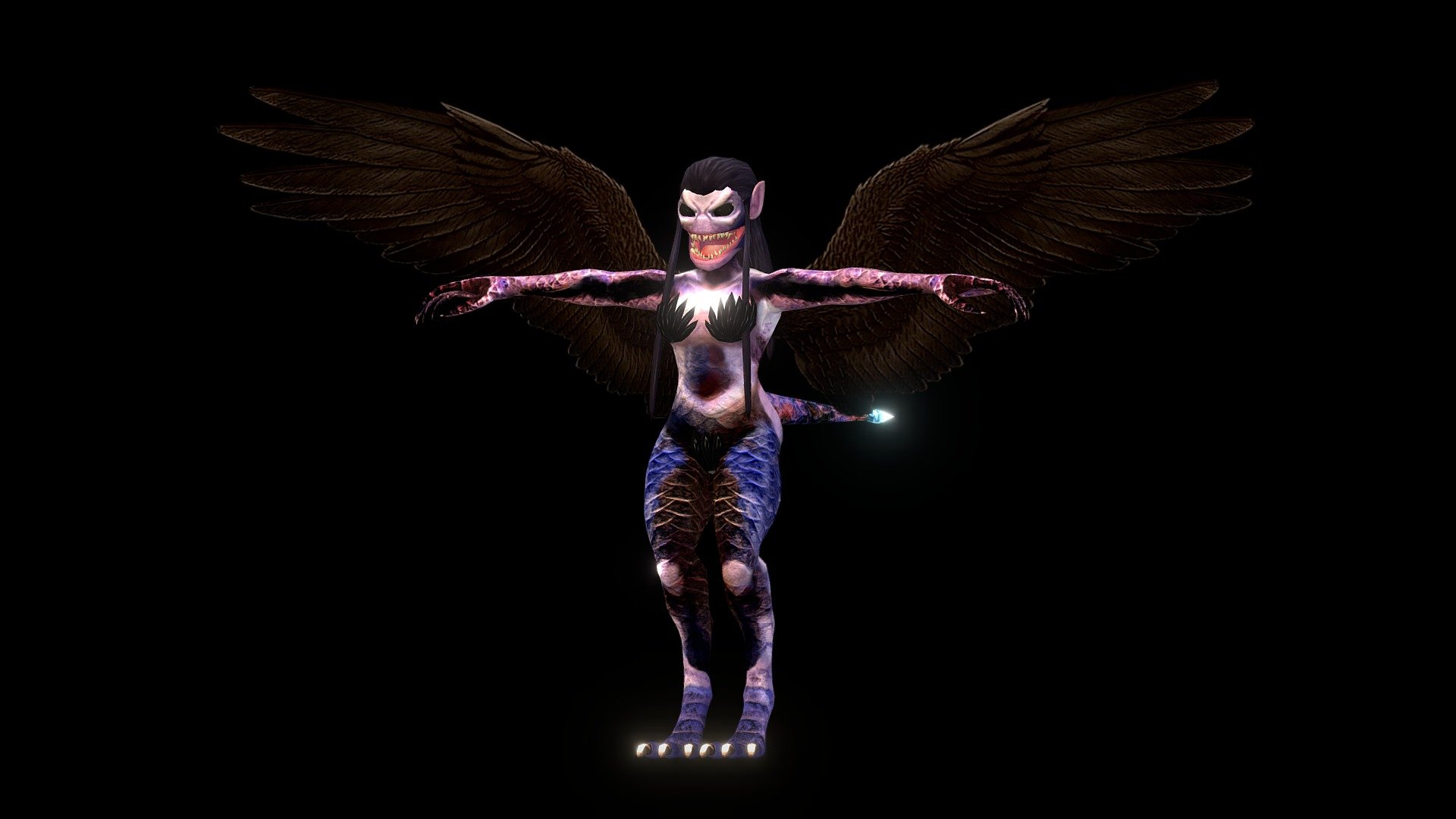 Animations for the dark wings =&gt; pose-0, idle, fly-1, fly-2, fly-3, plane-1, plane-2, block.

No animations for the harpia monster yet&hellip; Except run animation =&gt; https://sketchfab.com/3d-models/harpia-monster-a42d20e6c5d24b639d59cd41b3613ecc

I will still add more animations for her but not for now&hellip; 

Textures = albedos + metalz + emissions + NMs + AOs - Harpia Monster + Dark Wings (Rigged) - Buy Royalty Free 3D model by Leonardo Carvalho (@livrosparacriancas) 3d model