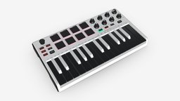 Mini keyboard controller 25-key music, sample, studio, sound, musical, key, master, midi, electronic, play, audio, controller, 25, 3d, pbr, digital, keyboard