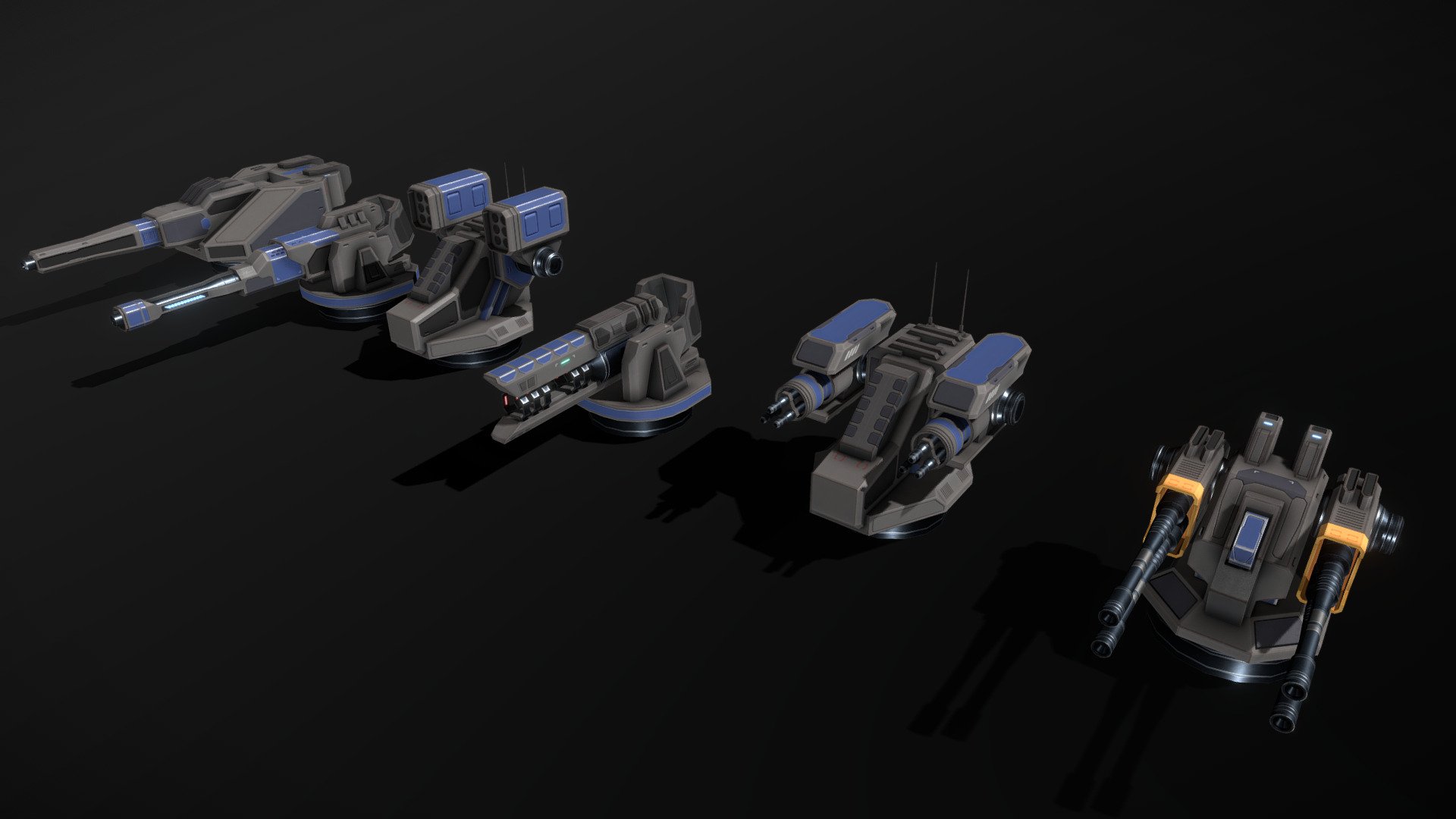 These are modular low-poly and game-ready scifi turrets. Modular wall segments are included too.

The barrel(s) are separate meshes and can be animated with a keyframe animation tool. The turrets can rotate left/right, the barrel can elevate up/down.

The model comes with several differently colored texture sets. The PSD file with intact layers is included.

If you have purchased this model please make sure to download the “additional file”.  It contains FBX and OBJ meshes, full resolution textures and the source PSDs with intact layers. The meshes are separate and can be animated (e.g. firing animations for gun barrels, rotating turrets, etc) 3d model