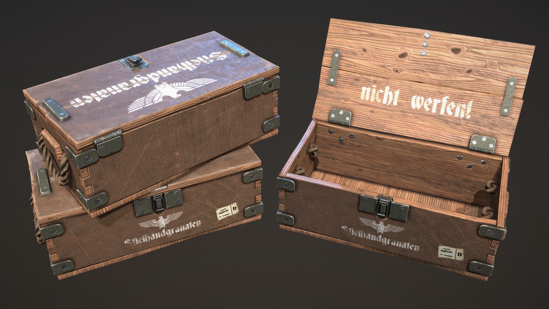 Main
WWII Crate Box
VR game ready mesh and textures. 
High resolution textures out of Substance Painter.

Texture
PBR 4k textures in .tga format.
Unreal Metalness: BaseColor, Normal, Occl/Rough/Metal 
Unity Metallic: Albedo/Transp, Normal, Metallic/Smooth

Mesh
Mesh has 15.840 tris and is ready for rigging and import.
.ma/.fbx/.obj

General Information
This asset is best used for VR experience due to it´s high details.
All parts which can move are seperate and ready for rigging and import.

Naming convention
Mesh: AssetName_PartName
Material: M_AssetName
Textures: AssetName_Type - WWII Crate - 3D model by trigon-art.com (@iammalte) 3d model