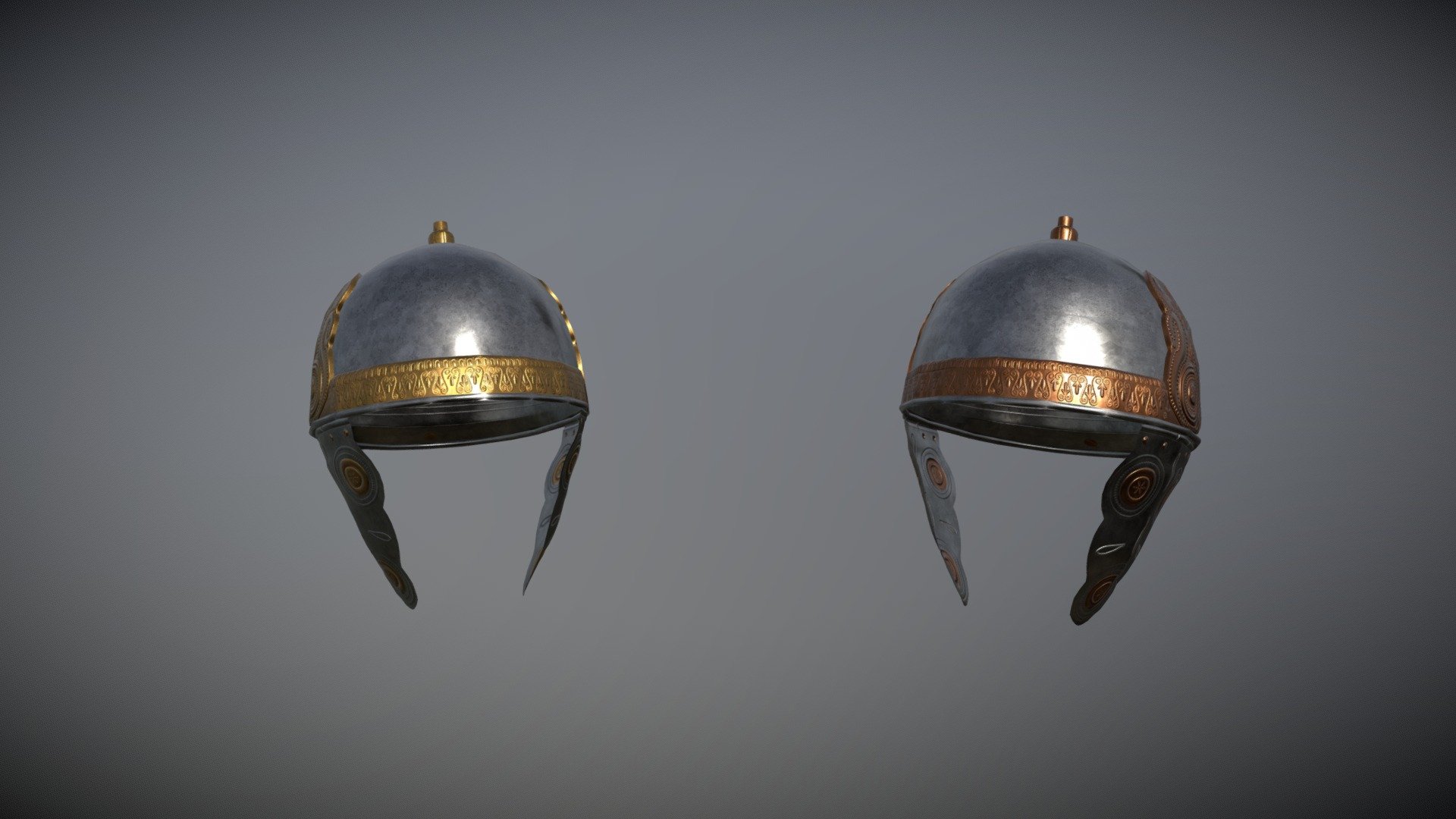 This is a Gottolengo helmet from Italy, from the 350 - 150 bc period. 

Made for the RIR: Imperium Surrectum mod, for the game Rome Total War Remastered.

Made in Blender - 1037 vertices

The creative process consists of modelling the low-poly version, followed by  high poly version through the use of the Multi-Res modifier. Any details that the piece might present are sculpted on this copy, after which, they are baked into its low poly counterpart. The goal here is to avoid modelling the additional detail - which would increase the vert count - while still maintaining the illusion that the helmet contains such details 3d model
