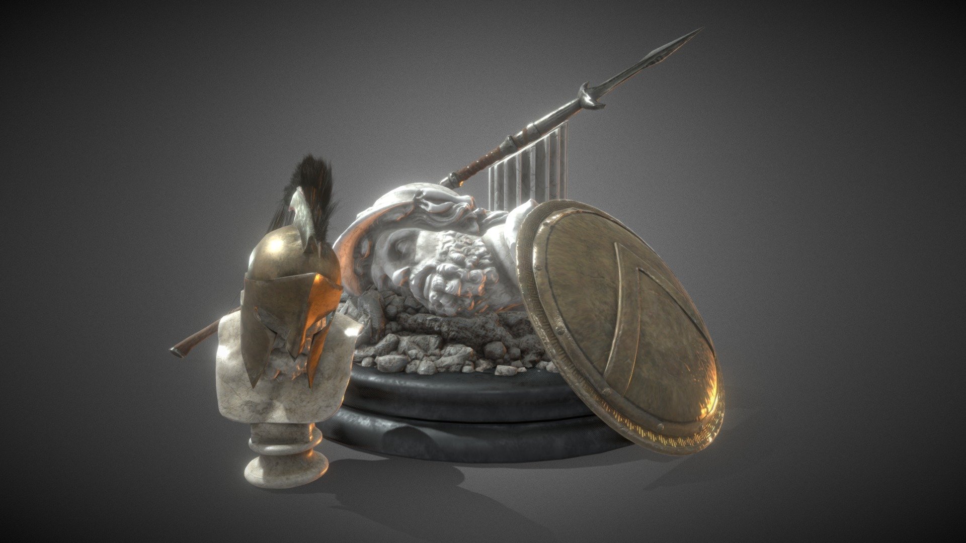 A cool set of weapon i made,sculpted in lightwave and zbrush and textured in Substance Painter .
it contains an helmet,spear,shield and a pedestal with some ruins of columns and statues 3d model