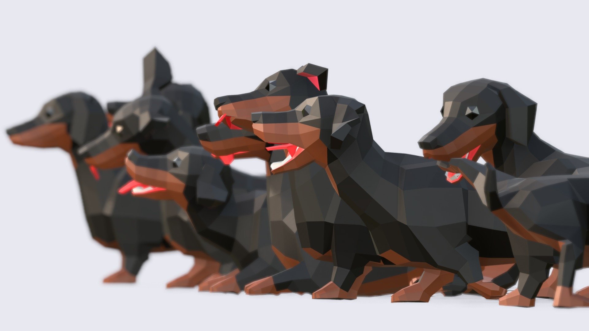 Low Poly Dachshund Dogs
646 vertices / 668 Faces each

Includes the next files in OBJ, FBX, GLB and BLEND (Native):




The Base Mesh: A quad face based in static pose and mapper texture.

The Pack: A pack with 7 poses (Rest Pose + 6 different).

UV Layout: that applies to all of them.
 - Low Poly Dachshund Dog - Buy Royalty Free 3D model by Studio Ochi (@studioochi) 3d model