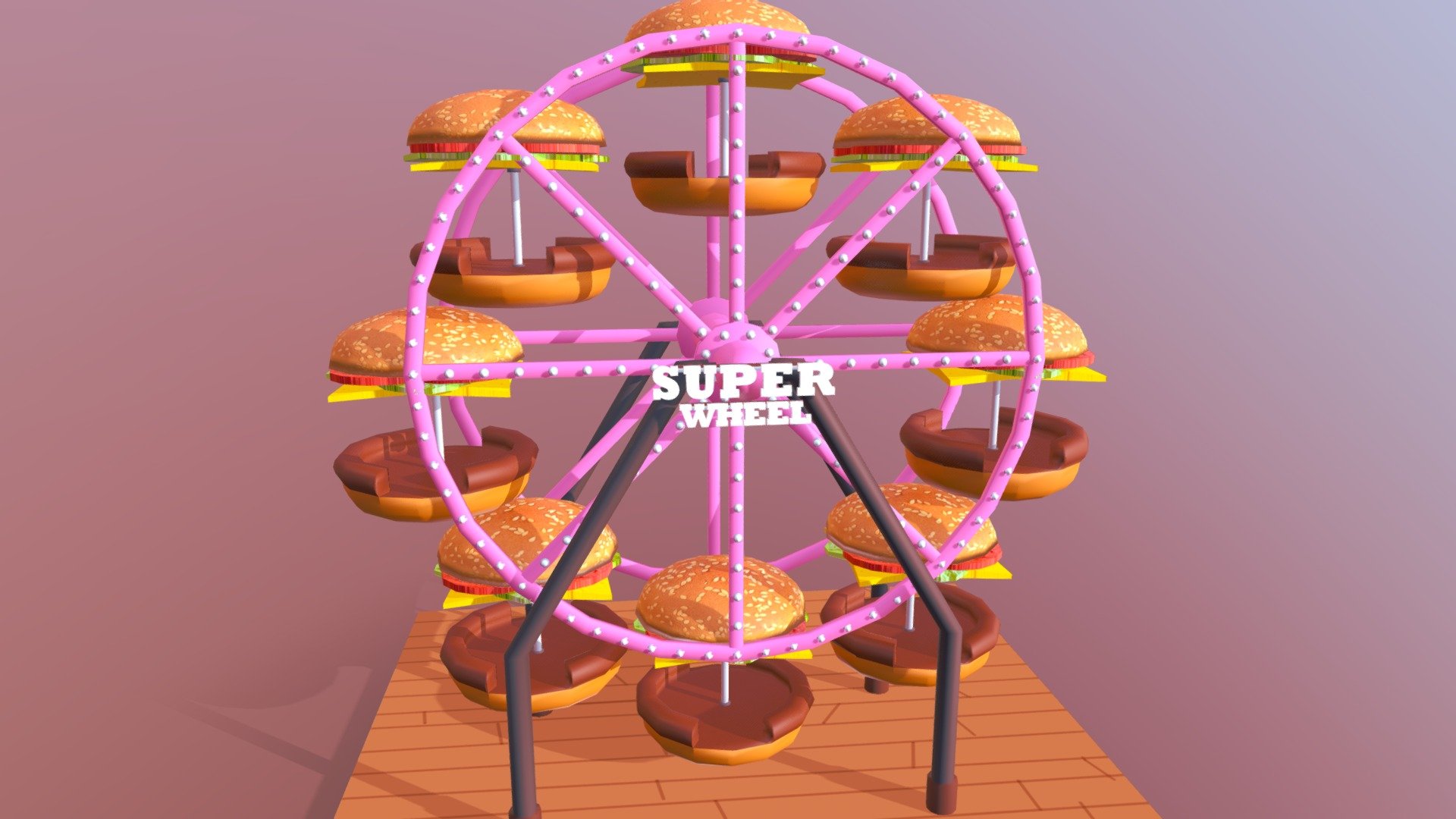 This Ferris wheel is medium quality 3D model. That will enhance detail to any of your rendering projects. It is very original ferris wheel  because the cabins have the form of an hamburguer. The model has a fully textured and detailed design that allows for close-up renders, and was originally modeled,texturized in Autodesk Maya 2018 and rendered with Arnold. The model have Uvs done and it contains all the textures.

This model can be used for any type of work as: low poly or high poly project, videogame, render, video, animation, film…This is perfect to use like a part of a amusement park scene or for a  postcard image with other  decoration such as the carousel that you could see in my profile too…

This contains a .fbx. and textures

I hope you like it, if you have any doubt or any question about it contact me without any problem! I will help you as soon as possible, if you like it I will aprecciate if you could give your personal review! Thanks - Ferris wheel - Buy Royalty Free 3D model by Ainaritxu14 3d model