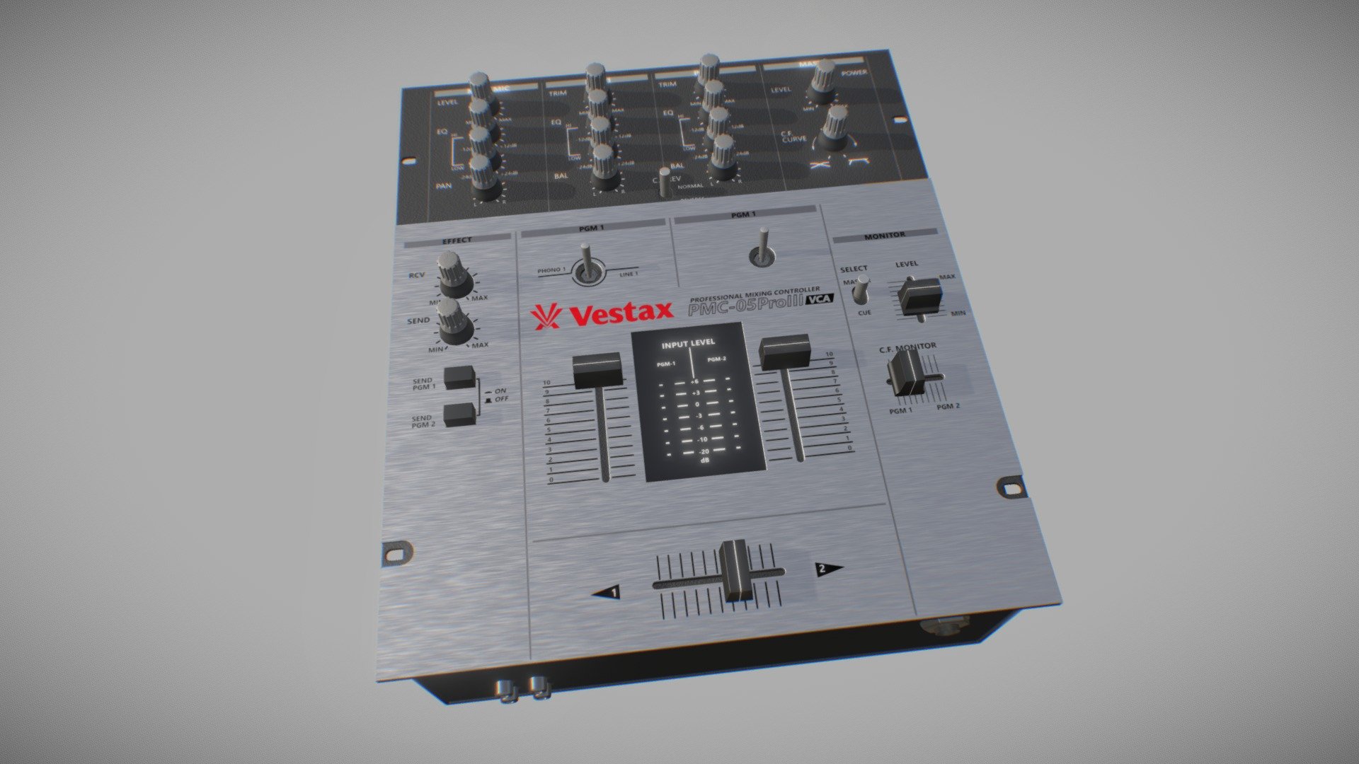 Game-Ready 3D model of the Vestax PMC-05 MK3 Mixer. 

PBR Textures included at 4K resolution:




Basecolour

Roughness

Metaillic

Normal

-




53977 Quads

52608 Vertices
 - Vestax PMC-05 MK3 DJ Mixer - Buy Royalty Free 3D model by Prelight Media (@prelightmedia) 3d model