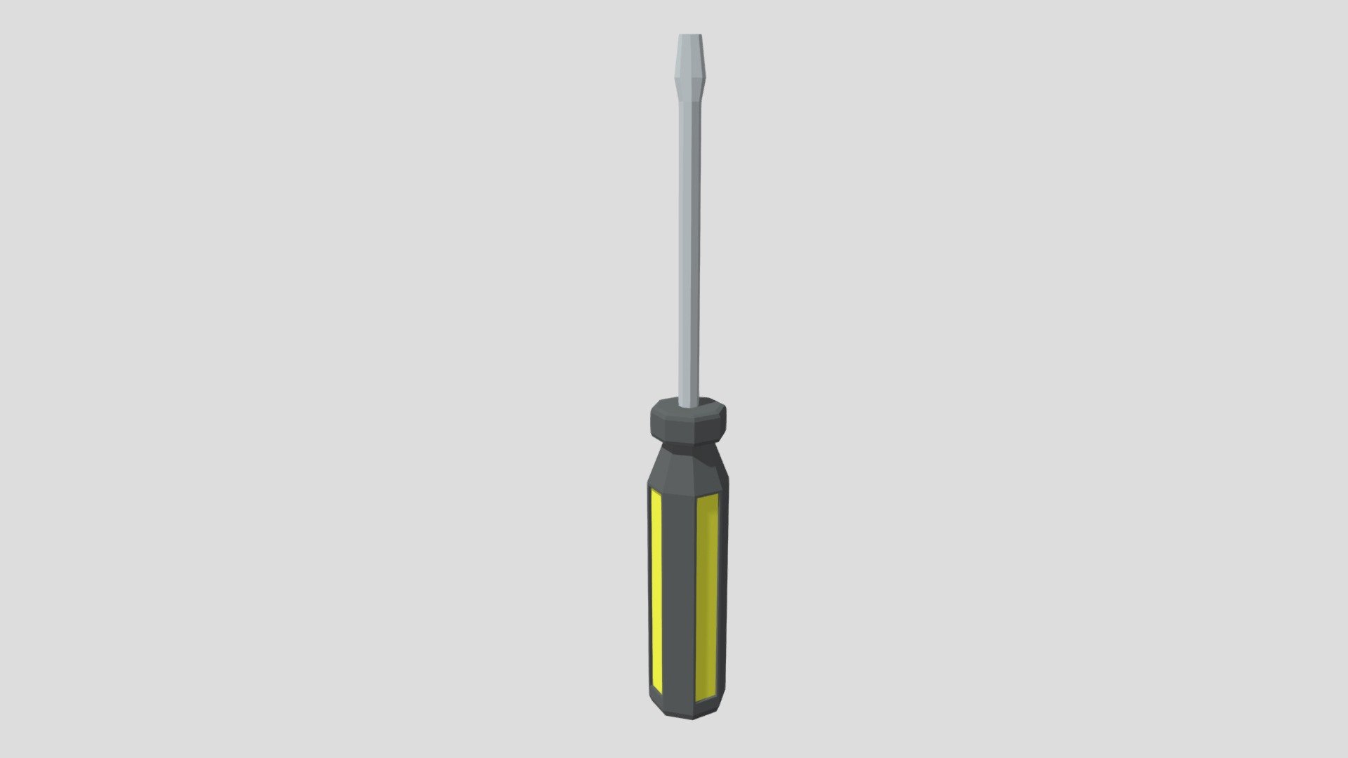 This is a low poly 3D model of a screwdriver. The low poly screwdriver was modeled and prepared for low-poly style renderings, background, general CG visualization presented as 1 mesh with quads only.

Verts : 172 Faces : 170.

The 3D model have simple materials with diffuse colors.

No ring, maps and no UVW mapping is available.

The original file was created in blender. You will receive a 3DS, OBJ, FBX, blend, DAE, Stl, gLTF.

All preview images were rendered with Blender Cycles. Product is ready to render out-of-the-box. Please note that the lights, cameras, and background is only included in the .blend file. The model is clean and alone in the other provided files, centred at origin and has real-world scale 3d model