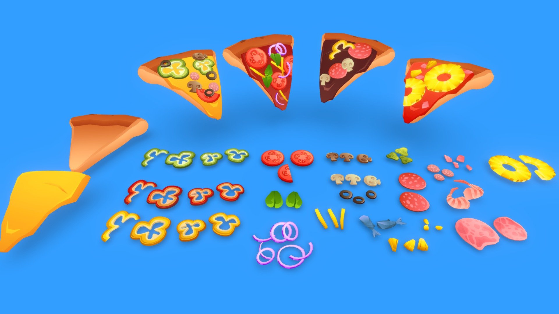 **Low poly cute unlit pizzas pack. **

Textured with gradient atlas, so it is performant for mobile games and video games.

Like a few of my other assets
in the same style, it uses a single texture diffuse map and is mapped using only color gradients. 
All gradient textures can be extended and combined to a large atlas.

There are more assets in this style to add to your game scene or environment. Check out my sale.

If you want to change the colors of the assets, you just need to move the UVs on the atlas to a different gradient.
Or contact me for changes, for a small fee.

**I also accept freelance jobs. Do not hesitate to write me. **

*-------------Terms of Use--------------

Commercial use of the assets  provided is permitted but cannot be included in an asset pack or sold at any sort of asset/resource marketplace.*

9213140

5207418 - Stylized Unlit Pizza Pack - Buy Royalty Free 3D model by Stylized Box (@Stylized_Box) 3d model