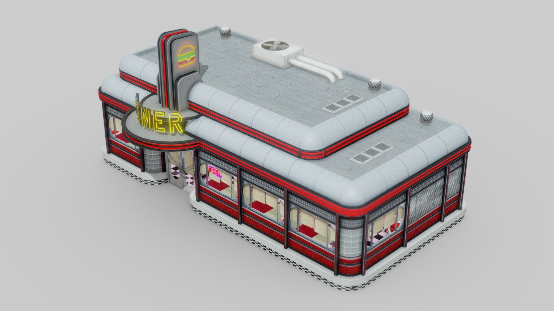 Simple model of dinner inspired by 50s American diners with very simple interior as model is not intended to be seen from ground level 3d model