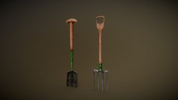 Farm Tools garden, metal, farm, old, farming, shovel, pitchfork, home, stylized