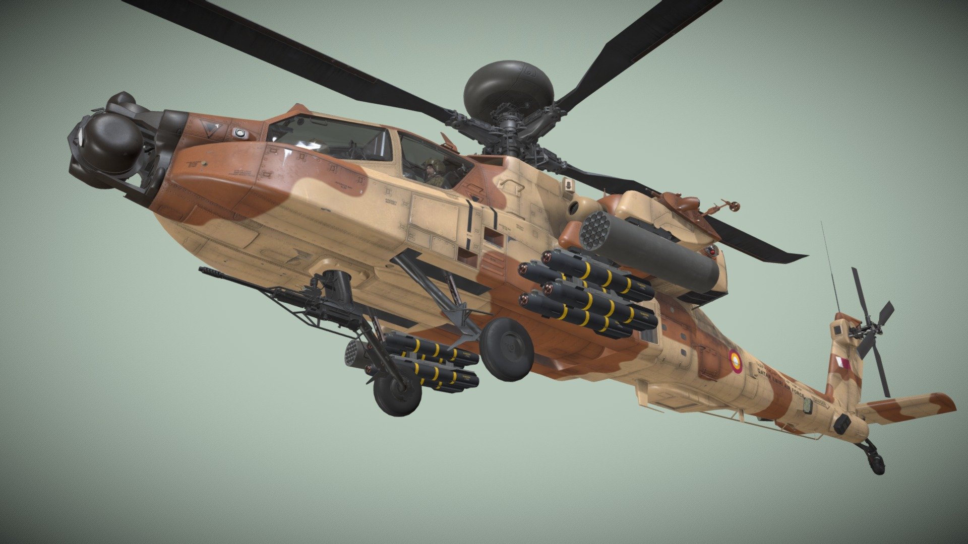 Helicopter Apache AH-64E Qatar Emiri Air Force Basic Animation


Static and Complex Animation versions are available as seperate models (see my profile models)


File formats: 3ds Max 2021, FBX, Unity 2021.3.5f1


This model contains 6 Animations (See dropdown list below the time line)


Weapon:


External Fuel Tank 

Launcher M-260 with Hydra 70 missiles 

Launcher M-261 with Hydra 70 missiles 

Hellfire launcher and missiles 

M230 chain gun 

AIM-92 Stinger Launcher and missiles 

AIM-9L Missile


This model contains PNG textures(4096x4096):


-Base Color

-Metallness

-Roughness


-Diffuse

-Glossiness

-Specular


-Emission

-Normal

-Ambient Occlusion
 - Apache AH-64E Qatar Emiri Air Force Basic - Buy Royalty Free 3D model by pukamakara 3d model