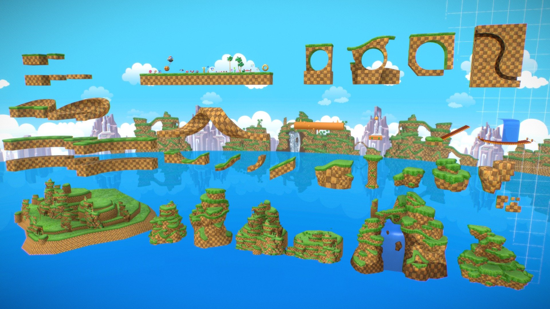 Sonic fan art.
Tileable tracks so you can make your own crazy map fast and easy!
The set also contains many environment assets, like trees, rocks, coins, bonus boxes, enemies and of course the three main characters: Sonic, Knuckles and Tails.

The tracks measurements are 1, 2 3 meters&hellip; so you can combine them perfectly snapping one next to the other.

Since the elements are low poly you can really create long circuits for your project. They are suitable for a platform game, a race game, to preview map ideas&hellip;

UPDATE:
I attached an extra FBX file with 5 new tiles. It can be accesible when you download this model. There are 3 new ramps with different degrees of inclination; So now you have endless posibilities to create! - Sonic - BUILDER - Buy Royalty Free 3D model by Marcos Faci (@marcosfaci) 3d model