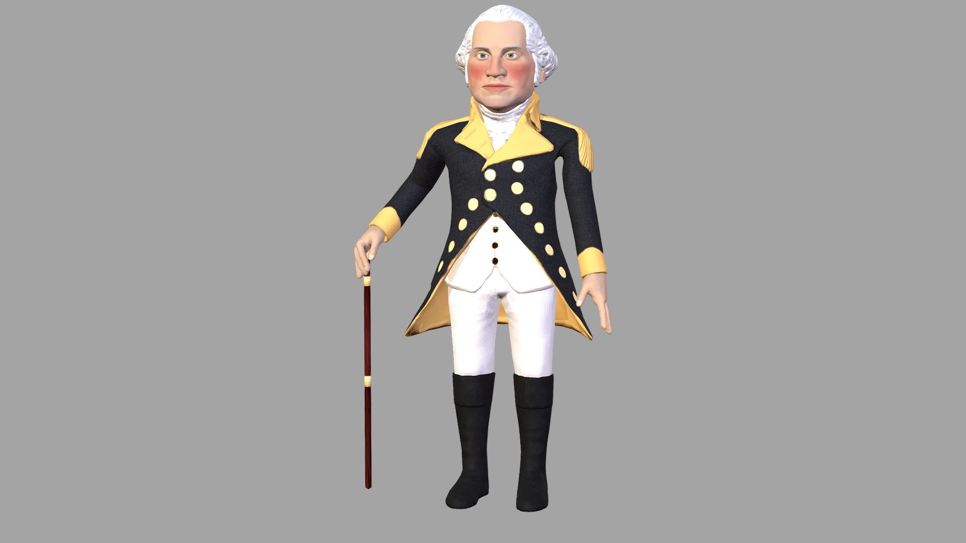 Low poly stylized 3D caricature of George Washington, first president of United States.
Game ready, rigged, animated 3D character. 
T-posed rigged FBX file and Maya file is included among extra files folder. In that folder 2 more texture variants are included. Rig on T-posed file is complatible with Unity Humanoid system.  

Browse my store to see more of my work. 

Message me if interested to commision me for custom work 3d model