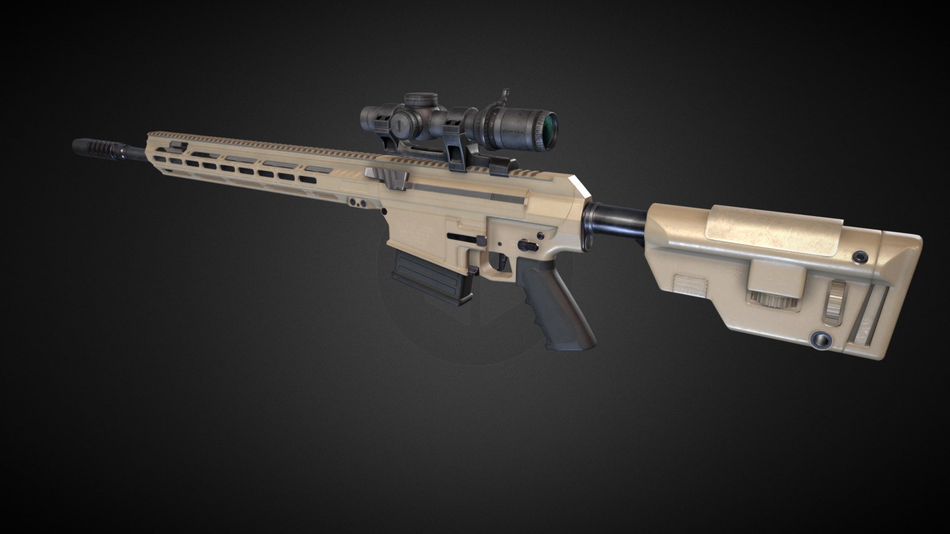 Long and big pew pew device in .338 Lapua Magnum by SWORD International.  

Model is rigged it have 4 PBR materials in 4K plus separate for Vortex HD3 scope. Black and FDE colors are included.

Verts: 12K (with scope:22K)

Tris: 25K (with scope: 43K)  

Made in Blender 3d model
