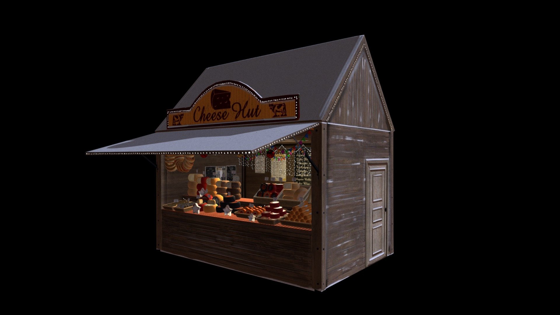 Christmas Market Bakery Chalet- is one of the 6 Chalets of the asset. It is includes over 20 low poly models.Almost all models have Diffuse, Normal, Gloss and Specular maps. Some models as chalet itself and Xmas lights have also Emission maps and transperency maps. All models are made in OBJ, FBX and 3dsMax formats. This models set will suit for Christmas projects and not only.
Demo Video: https://www.youtube.com/watch?v=f-ZwfqrEijE - Christmas Market Cheese Chalet - Buy Royalty Free 3D model by Vaarg 3d model