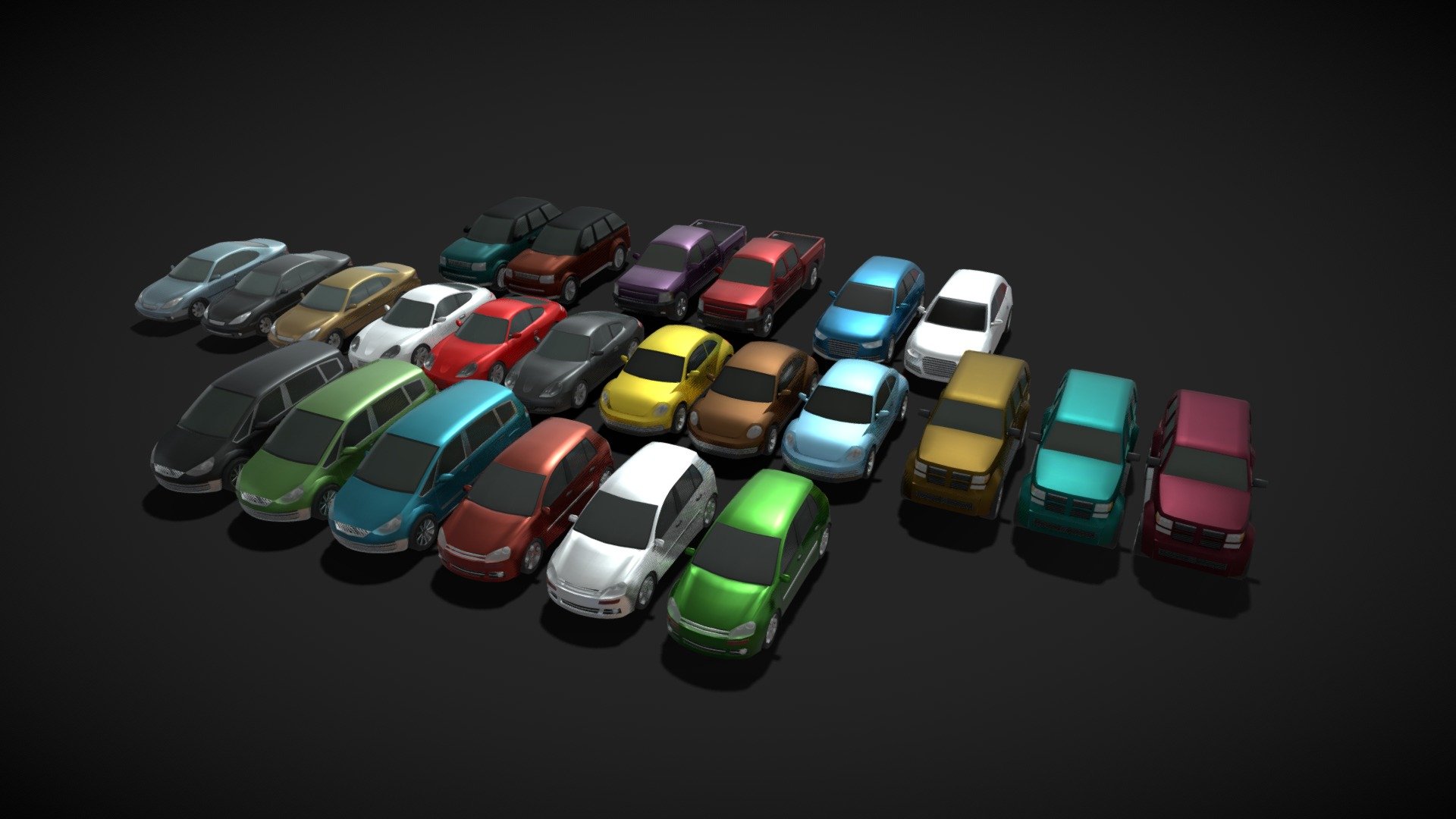 Generic Passenger Car 3D Models Pack  consists out of 45 generic car models:




9 different car types each of them with 5 different color textures (3 are presented due to technical limitations).

Windows are not-transparent (opaque) and there is no interior (in order to keep models as low poly as it goes).

File formats included in the package are: FBX, OBJ, BLEND, gLTF (generated), USDZ (generated)

Native software file format: BLEND

Textures: Color, Metallic, Roughness, Normal, AO.

All textures are 2k resolution.

You can buy any of them as a single model, or save 49% if you buy this pack.

Models included are:




Coupe Car - 7568 P &amp; 9339 V

Sedan Car - 5785 P &amp; 5204 V

Hatchback Car - 5278 P &amp; 5812 V

Minivan Car - 4982 P &amp; 5436 V

Pickup Truck - 5146 P &amp; 5348 V

Station Wagon - 4407 P &amp; 4800 V

SUV Car Generic - 4221 P &amp; 4923 V

Off-Road Car - 4815 P &amp; 5040 V

Compact Car - 3982 P &amp; 4382 V
 - Generic Passenger Car 3D Models Pack - Buy Royalty Free 3D model by 3DDisco 3d model