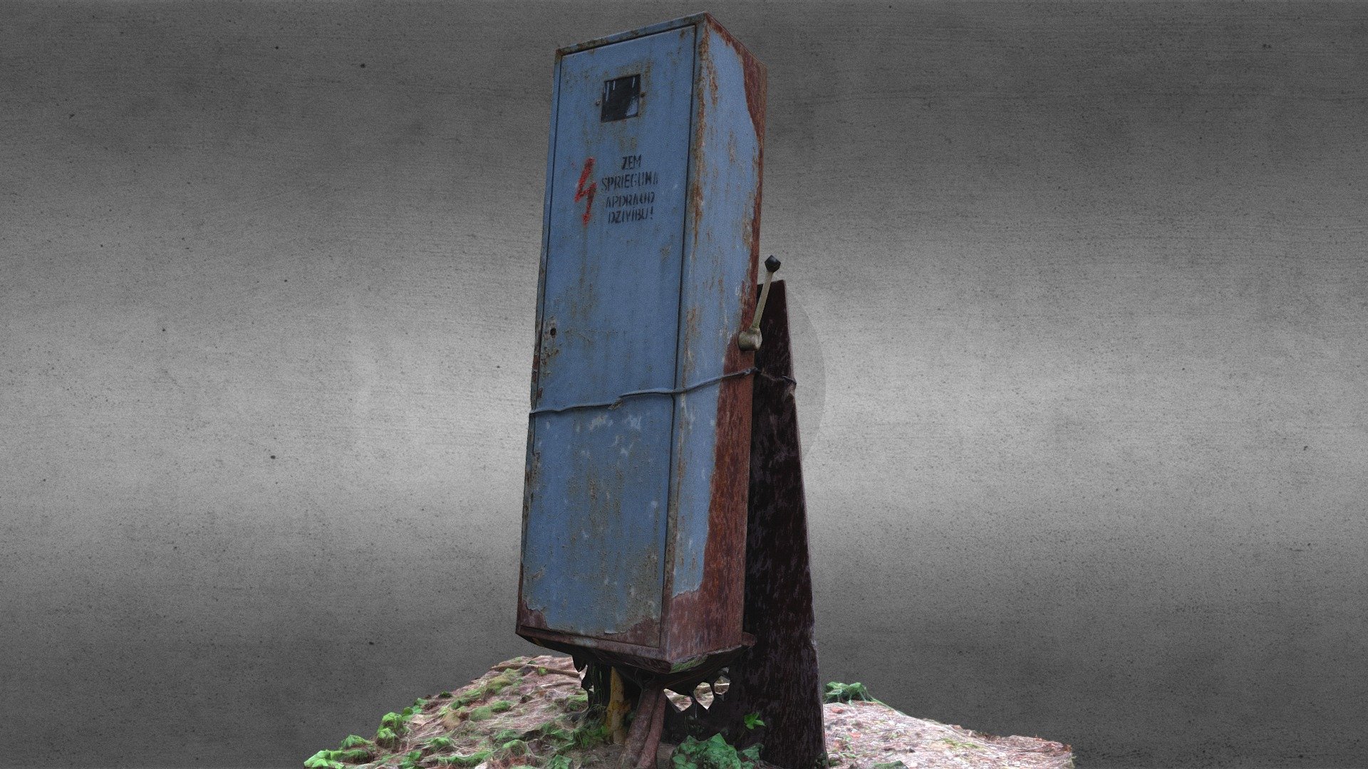 Small, blue metal box with electrical equipment inside.
Metal is old and covered in rust 3d model