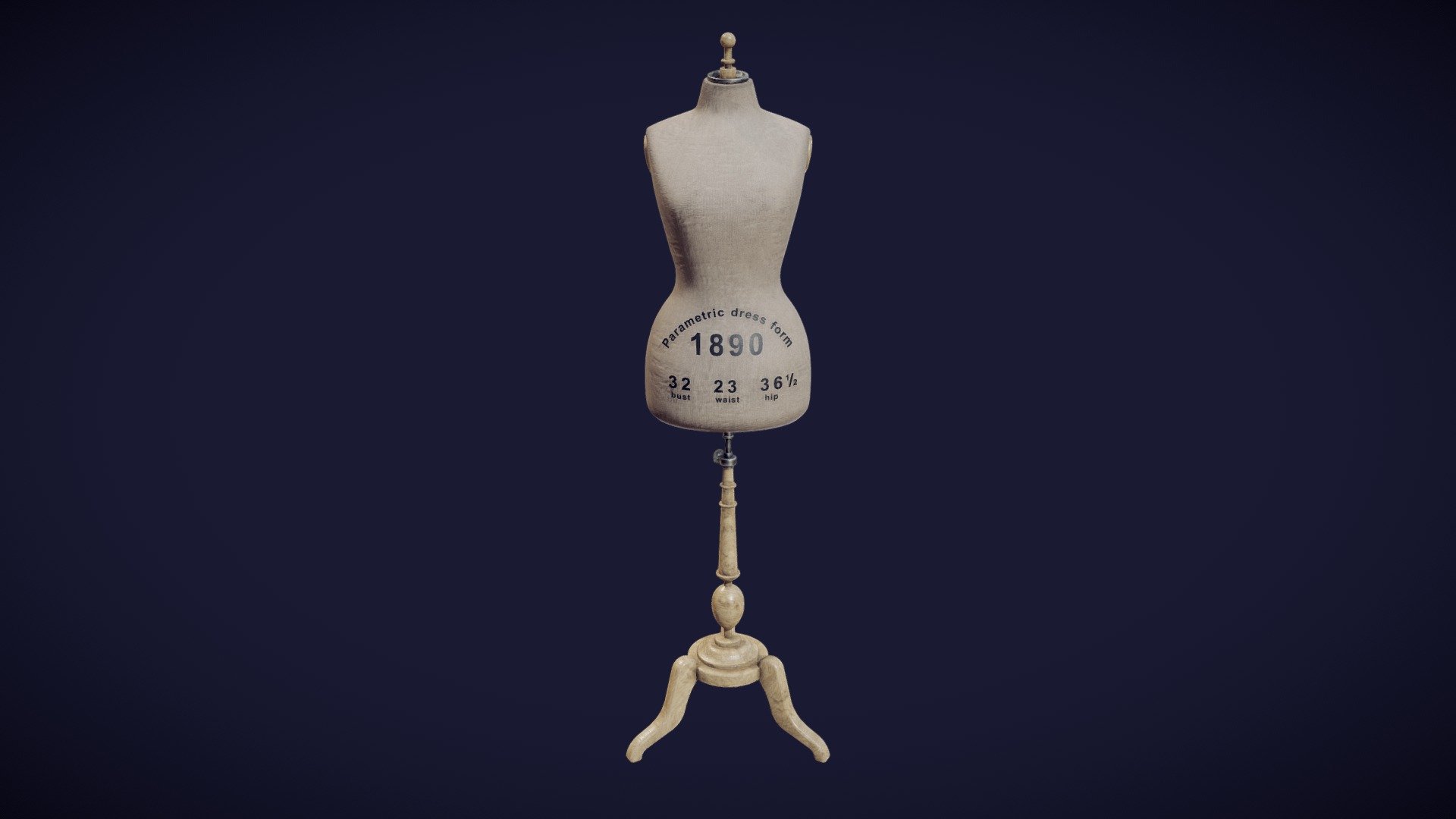 The 3D model presents a historical mannequin (a dress form) dating to 1890. The virtual mannequin was generated automatically by using a new method of parametric modelling (for further details see https://doi.org/10.1108/IJCST-06-2019-0093). The values of body measurements were taken from a sizing table published in “The Cutters Practical Guide to the Cutting of Ladies’ Garments” (V.D.F. Vincent, 1890). The measurements of the mannequin are: bust – 32 inches; waist – 23 inches; hip – 36.5 inches. The authors of the 3D model are

Aleksei Moskvin https://independent.academia.edu/AlekseiMoskvin

Mariia Moskvina https://independent.academia.edu/MariiaMoskvina

(Saint Petersburg State University of Industrial Technologies and Design)

DOI: http://dx.doi.org/10.13140/RG.2.2.36396.18569
https://www.researchgate.net/publication/357168466_1890_dress_form_size_32

The authors thank scientists from Ivanovo State Polytechnic University for providing information on historical mannequins 3d model