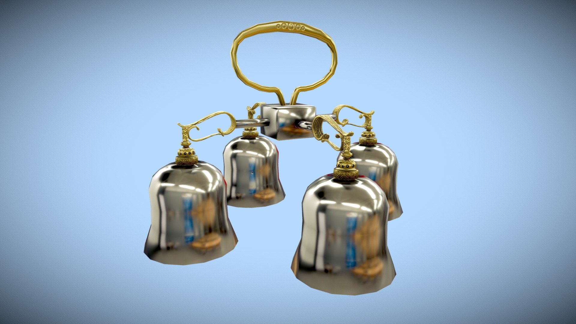 Altar bells or Sanctus Bells modeled in blender and textured in Substance Painter.

In Christian services, they are used to accentuate the holy moment acoustically and to draw the attention of the faithful to the altar.

The Bells are joined together into one mesh for better use in kitbashing, games etc, but you can seperate them in Edit Mode e.g. in Blender.

Most of the details are made by normal maps, so that I tried to keep the base mesh lowpoly. I think it could have even less polygons but I like the level of detail the model has right now 3d model