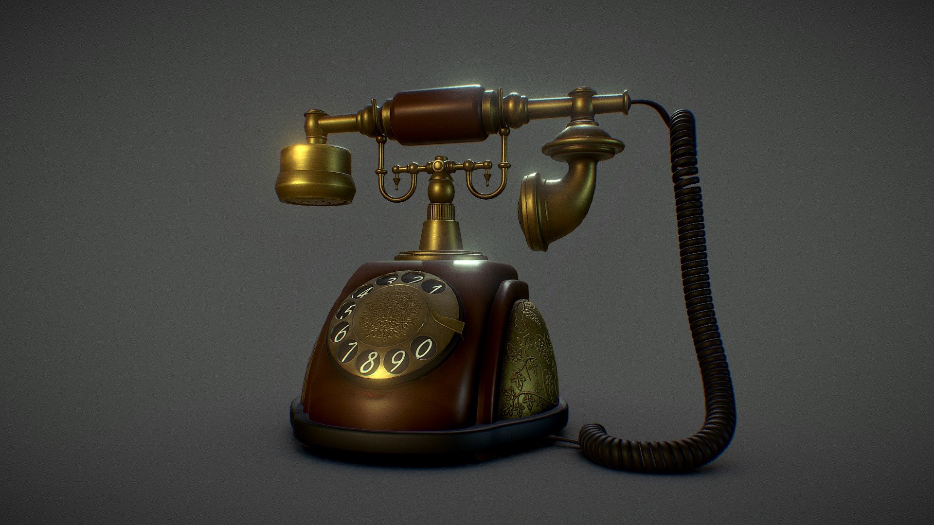 An antique telephone that I had seen somewhere. I liked it and I decided to make one.

The copper/bronze finish on polished wood has always caught my attention and this little piece of furniture has it all.

Thanks to Sketchfab for implementing the material and scene setting presets. That has made it very easy to swithch between materials and shaders since Mudbox does not have a PBR plugin for me to work with 3d model