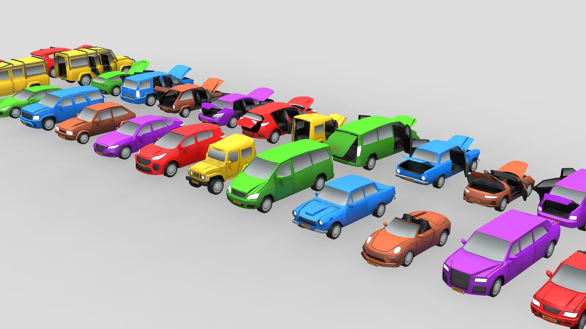 These great low poly assets come in stunning colors, make it look great even for close up render. With clean geometry, great topology, it makes these assets are suitable for any purpose. 

These cool cars even have doors and trunks that can be opened and closed! imagine what you can save by buying this asset pack.
Tt an affordable price, you are not only get 3d models, but also endless possibilities creation 3d model