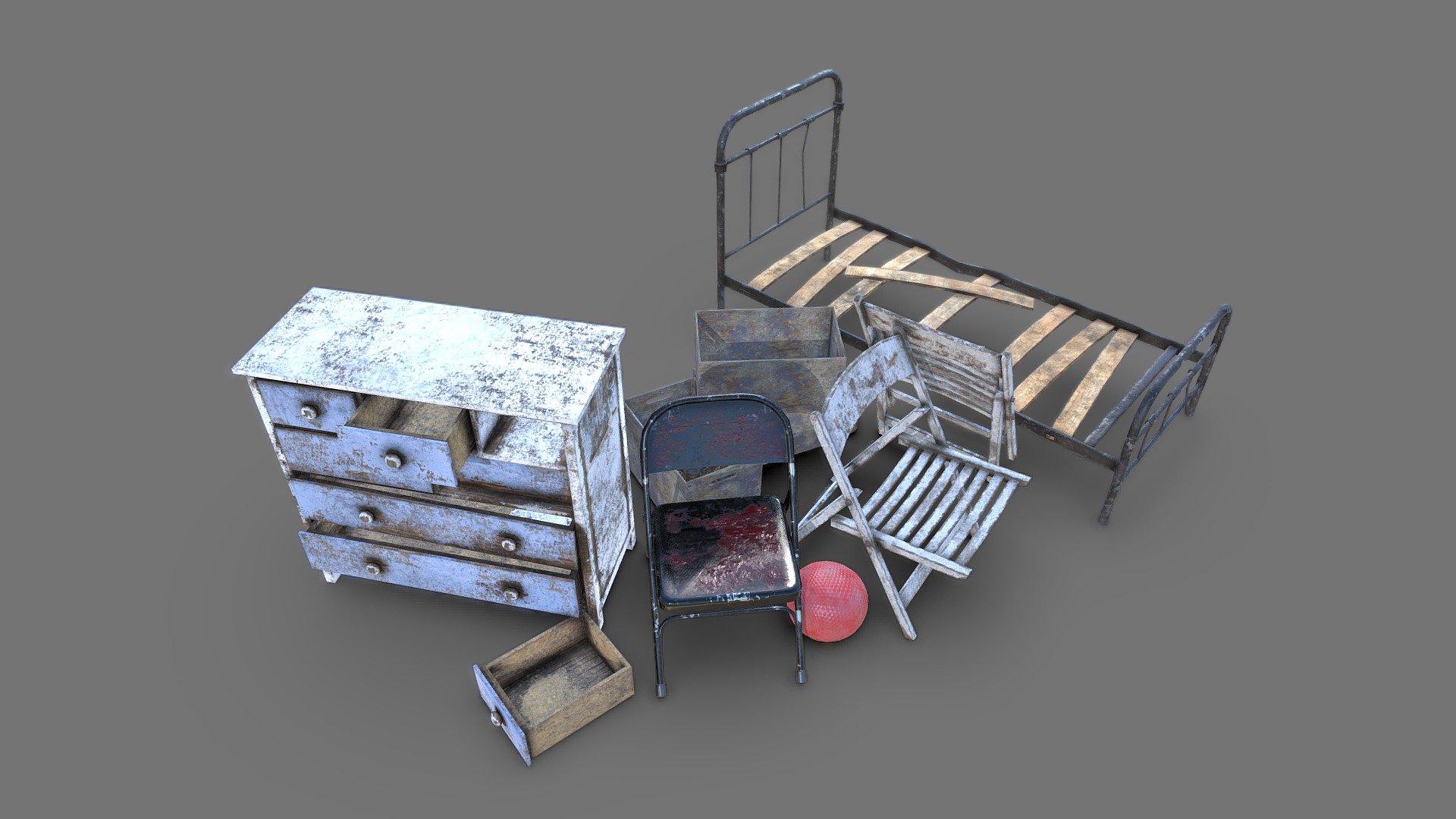 This is a collection of destressed furniture gathered from various scenes featured on my Sketchfab portfolio. Each model has been modelled with a PBR workflow focussing on game engine optimisations. You will see texture resolution variations, these are there as each model lives in a different environment and so have been created to suit their own purpose. But these are all fully UV unwrapped so new textures can be created easily.

If you have any questions or queries regarding this product, please feel free to contact my LinkedIn page (see my profile for link) and I will be more than happy to help or give you anything you need to make it work for you. Thank you very much and enjoy!!! - Distressed Furniture Collection - Buy Royalty Free 3D model by PippyJ 3d model