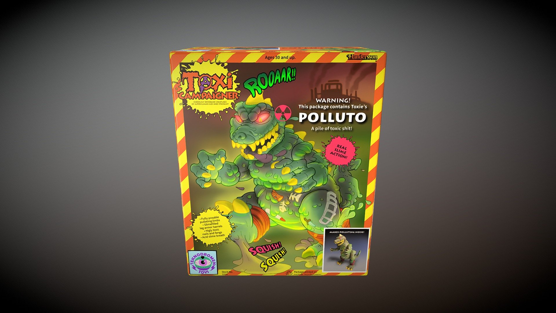 POLLUTO  is a custom made action figure made by fans, for He is based on the on the Toxic Crusader figure Polluto, who never made it pass 
prototype stage and out to the market.

Sculpting and painting is made by Sebastian Åhslund from Halmstad Sweden.Boxart and graphic design is made by Henrik Andersson from Hönö Island Sweden.Follow their work online for future cool toy projects!

Sebastian Åhslund: 
@teknodromen84 on Instagram
Henrik Andersson:
@stuffbyhandersson on Instagram
www.handersson.com - Polluto Box - 3D model by handersson 3d model