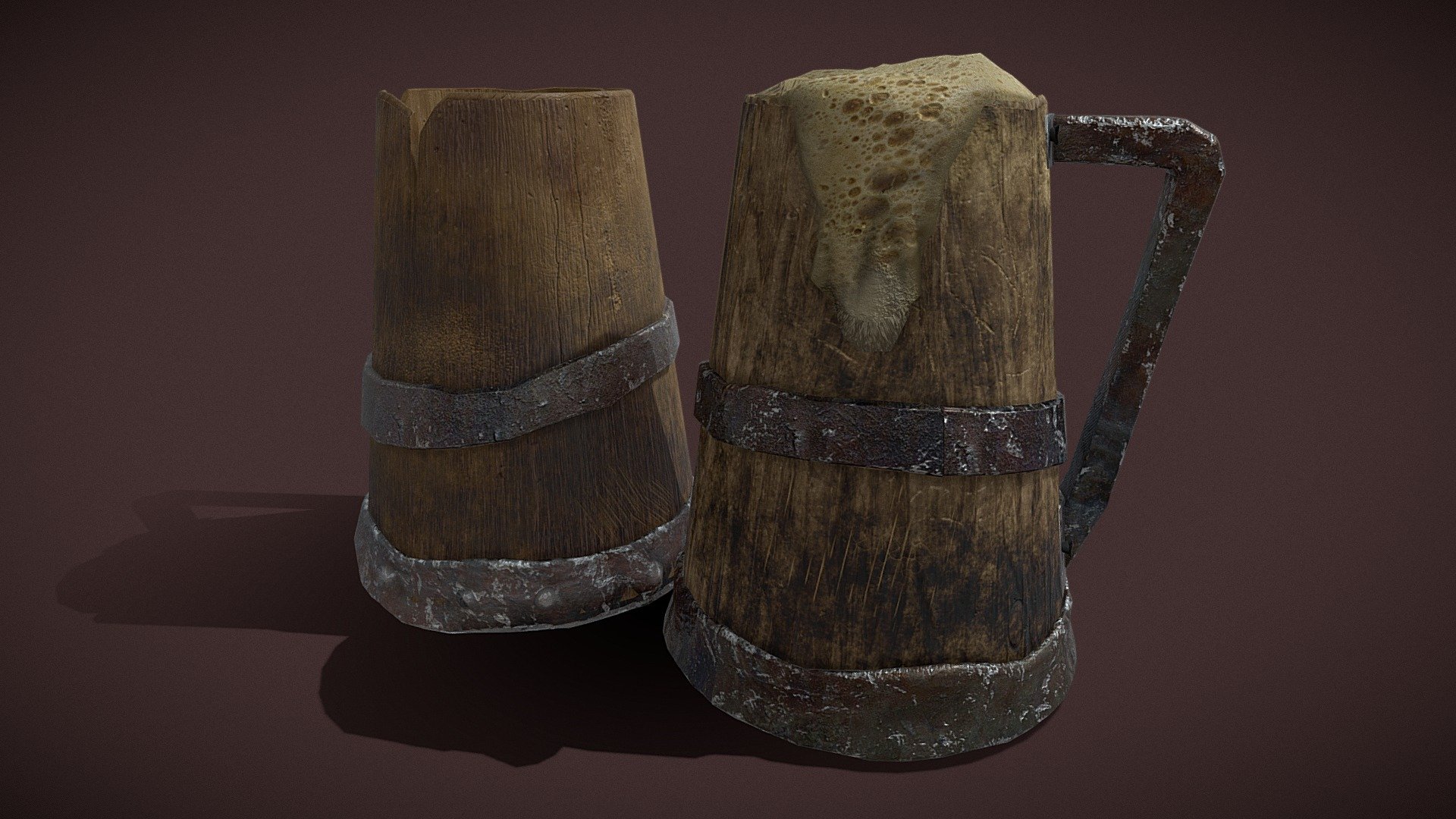 the set of two medieval mugs with foam included the low poly and perfect for game or animation scene, modeled in maya textured in substance painter , from our team at GetDeadEntertainment - Beer Mugs - Buy Royalty Free 3D model by GetDeadEntertainment 3d model