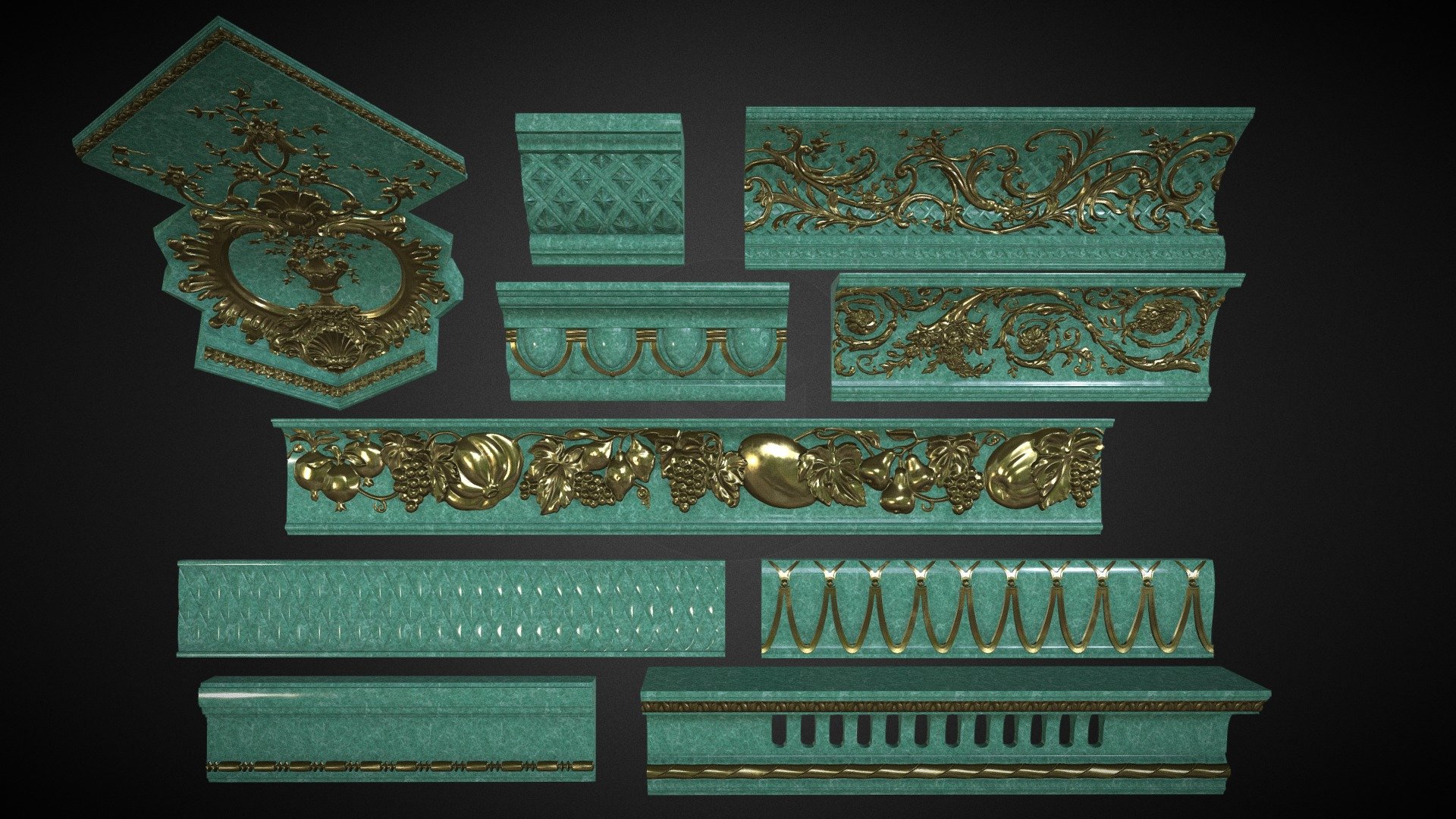 Get pack - https://www.artstation.com/a/18699841

10 textured middle poly cornices for architectural visualization








Rendered 3ds max Vray







without UV







3 type of textures white marble, green marble and gold







3 tilling textures(4096x4096)(PBR - BaseColor, Metallic, Normal, Roughness and Specular/Glossiness - Diffuse, Glossiness, Normal, Specular)







HDRI map (.exr)







There are max(2017), blend (2.8) , FBX , OBJ and STL files.








some objects are triangulated (ZBrush Decimation Master)




cornice_00 - 83810  vert 



cornice_01 - 113960 vert 

cornice_02 - 106232 vert 

cornice_03 - 56533  vert 

cornice_04 - 14759  vert 

cornice_05 - 40454  vert 

cornice_06 - 25157  vert

cornice_07 - 3055   vert  

cornice_08 - 49607  vert 

cornice_09 - 20188  vert


 - Middle Poly Cornices-Collection 2 - 10 pieces - 3D model by 3d.armzep 3d model