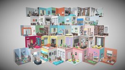 Cartoon interior 2 room, bathroom, furniture, interiors, kitchen, appartments, cartoon, game, lowpoly, house, city, decoration, interior, modular, wall