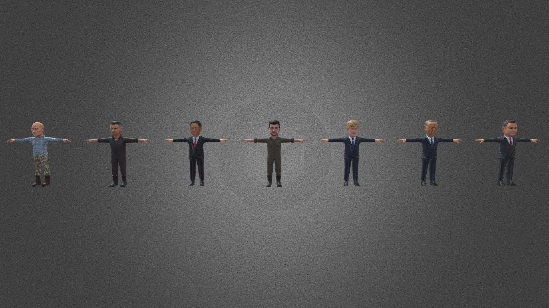 Low-poly 3D models of politicians. This asset presents 7 3D models of politicians: Vladimir Zelensky, Vladimir Putin, Vitali Klitschko, Andrzej Duda, Recep Erdogan, Boris Johnson, Fumio Kishida. These models have textures that are subject to adjustments. You can use these models in your projects.

Number of textures - 39
Texture dimensions - 512*512 px
Number of meshes/prefabs - 7
Types of materials and texture maps (e.g., PBR) - RGB - Politics Pack Caricature - Lowpoly 3D Model - Buy Royalty Free 3D model by VinAlex 3d model