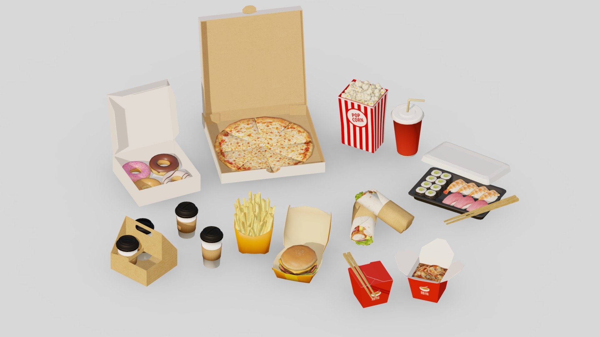 Low polygon model optimized for game.

Created with Blender

Texture Formats : 1024 x 1024

File Formats : FBX

Number of Meshes : 13

Number of Textures : 40 - BaseColor 11 - Height 8 - Normal 10 - Roughness 11

Number of Materials : 10 - Takeaway Fast Food G43 Low-poly - 3D model by OHOW 3d model