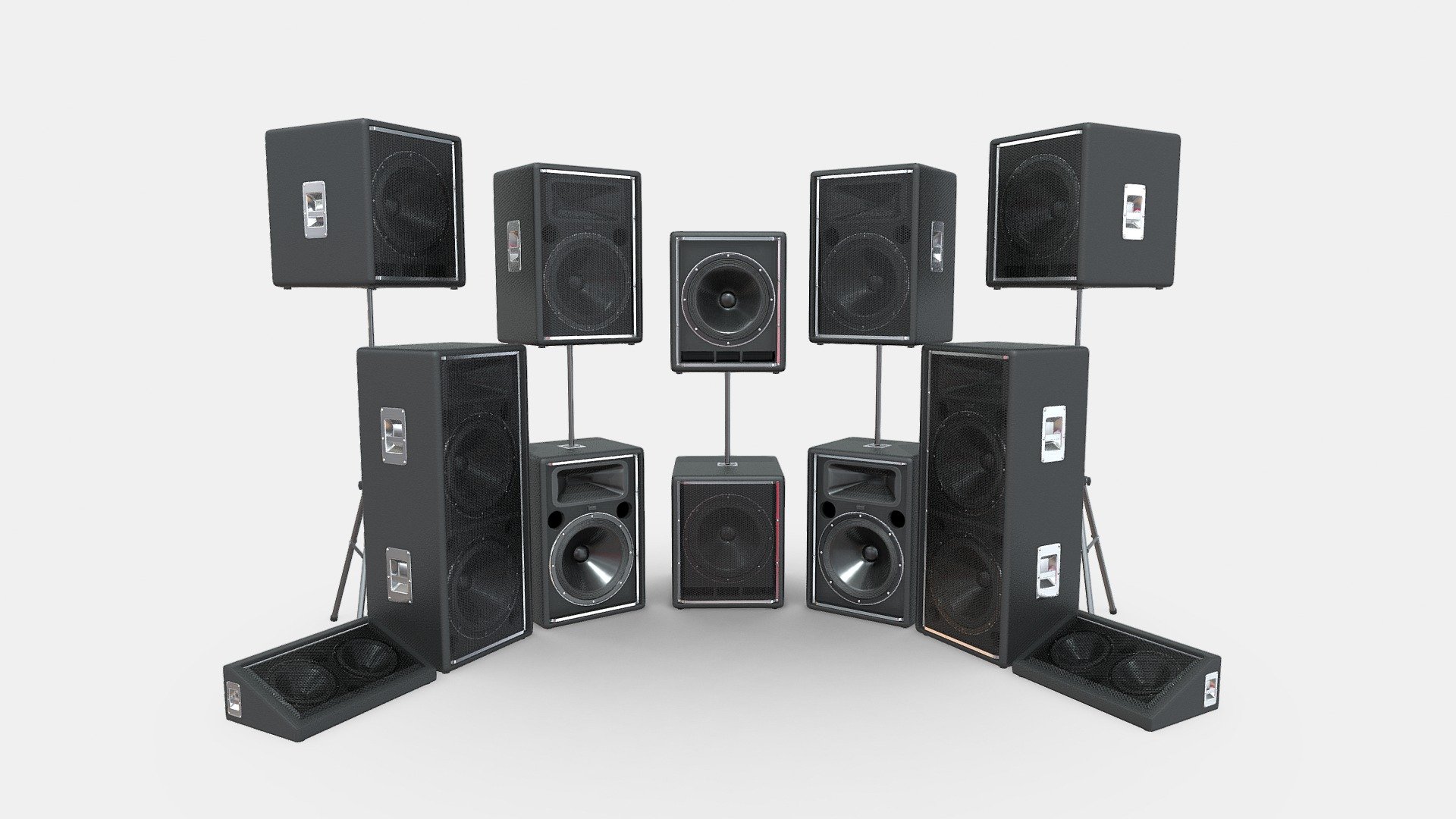 Musical speakers - a device for playing sound.

Includes a set of four speakers, stand and clasps.

Bass Music Column

• Polys: 6219
• Verts: 6237

 Middle Music Column 

• Polys: 6548
• Verts: 6254

Double Middle Music Column 

• Polys: 6548
• Verts: 6254

Floor Column 

• Polys: 8385
• Verts: 8312

Stand 

• Polys: 4425
• Verts: 4479

Fasteners 

• Polys: 1505
• Verts: 1578

TEXTURES

• Albedo

• Normal

• Metallic

• Roughness

• Ambient Occlusion

◼ PBR workflow ◼

4096x4096 high resolution texture sets are made according to the working process PBR 3d model
