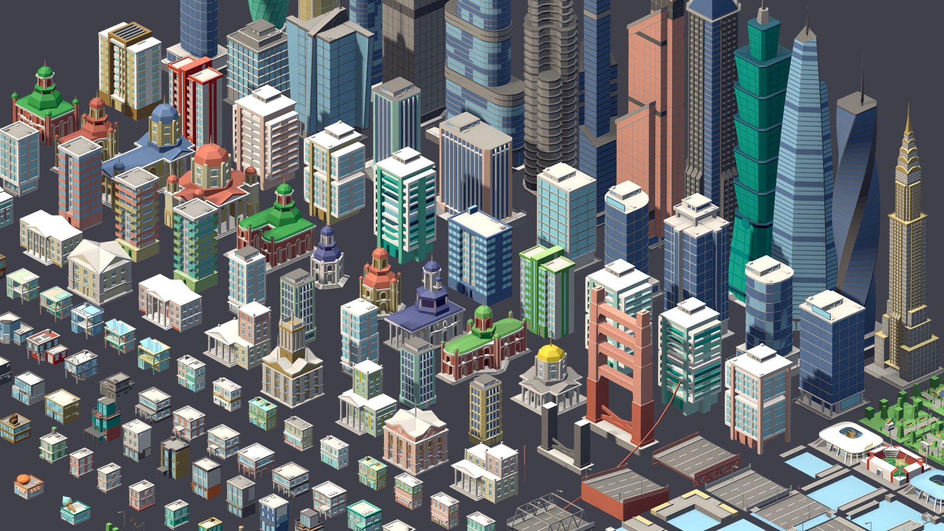 Package:




Set of unique assets (414).

Where to use:





Games. Models optimized for game engines;




Multiplication;




Advertising and marketing;




NFT, metaverses;




VR / AR;




3d printing.



Features:





By combining assets, you can create your own unique city;




You can easily change the color of objects - using the UV map;




Pivot in the logical place of the object;




Model has a logical name.



Geometry:





414 unique assets;




286k triangles all pack.



Items:





Landscape (x97) 




Buildings (x150)




Stadiums (x10)




Park (x10)




Entertainment areas (x10) 




Car (x52) 




Bus (x10)




Truck (x10)




Trailer (x5)




Ships (x10)




Air (x10)




Props (x39)



Scale: 

Real-world-size

Material:

All models use one materials (color) 

Textures:

All models use one texture (as a color palette);

Resolution: 1024 px.

If you liked this package, please leave a review! Creativity to you! - City 1 Assets - Buy Royalty Free 3D model by ithappy 3d model