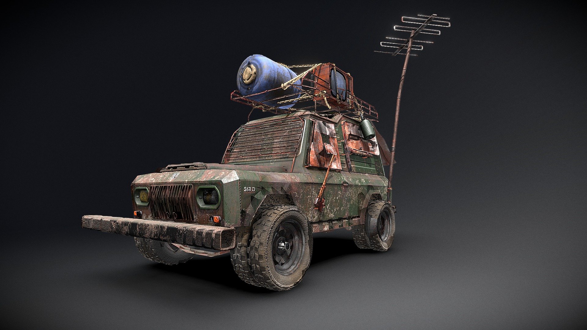 Romanian  made vehicle -ARO 243D is the main utility vehicle produced in Romania in communist era. This one is modified to be a bug-out vehicle in a post apocalyptic scenario in 1980's in eastern Europe. The vehicle is equipped with anti-zombies protection, some tools and  everyday objects found in almost every house in the communist era 3d model