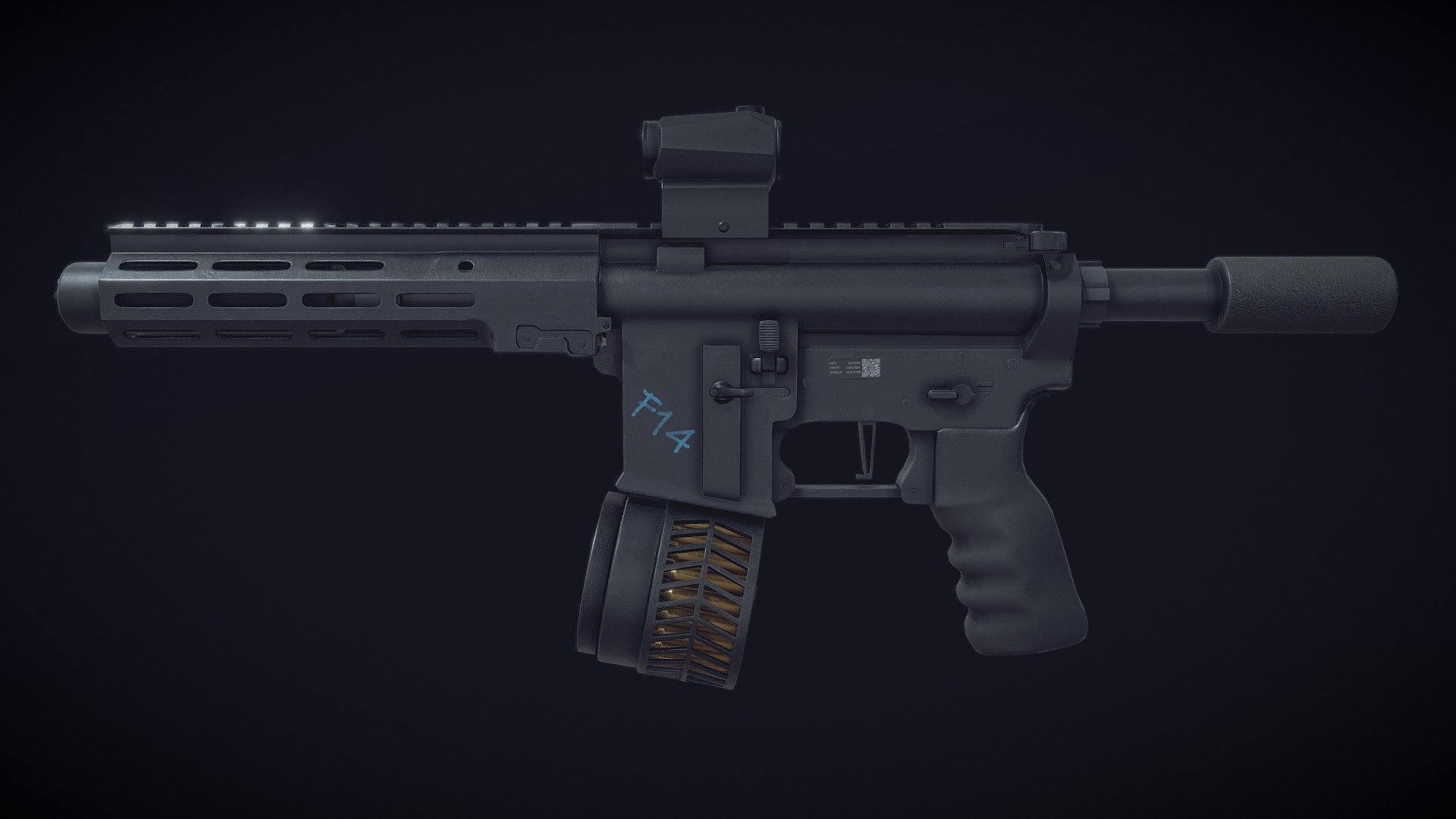 AR-15 Style Rifle in compact version with tactical atatchments such as suppressor, red dot sight, drum magazine, pistol grip.

This model is derivative of M4A1-S DESERT CUSTOM by Jordan Whincup CC Attribution-NonCommercial-NoDerivs and shared with permission of the author under the condition that in any case of future use of this asset the link to his original model will be in credits as well 3d model