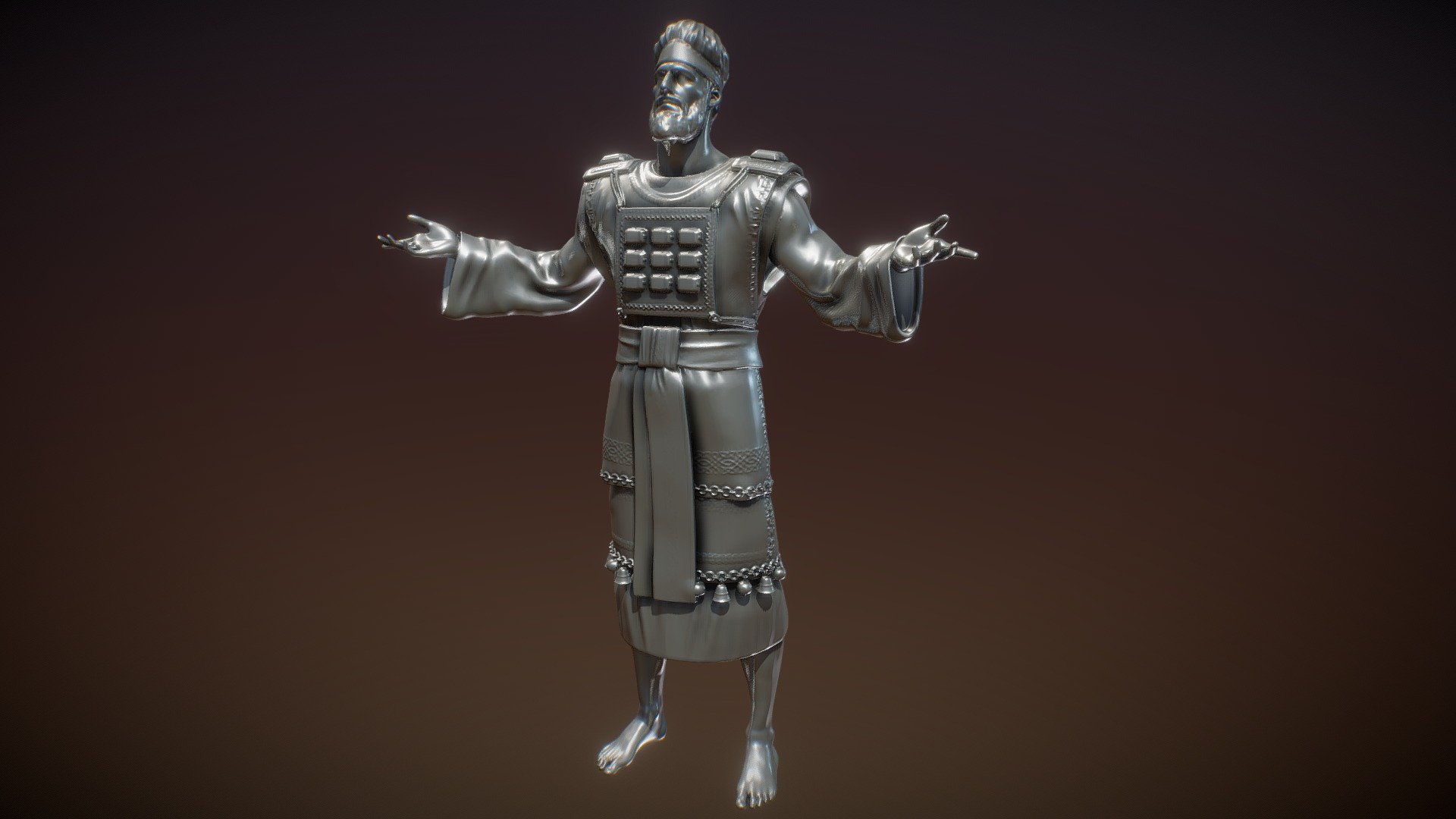 My first model sculpted in Zbrush
This character is a Israelite High Priest.
The Bible tells us that the Levites were consecrated by God, through Moses, for the service of the Tabernacle.
Aaron, the first High Priest of Israel. Aaron wears the vestments indicated by Exodus 28: the breastplate with the twelve stones, secured by gold chains and carried over the ephod, and the miter with the gold plate that bears the inscription &ldquo;Holiness to the Lord
