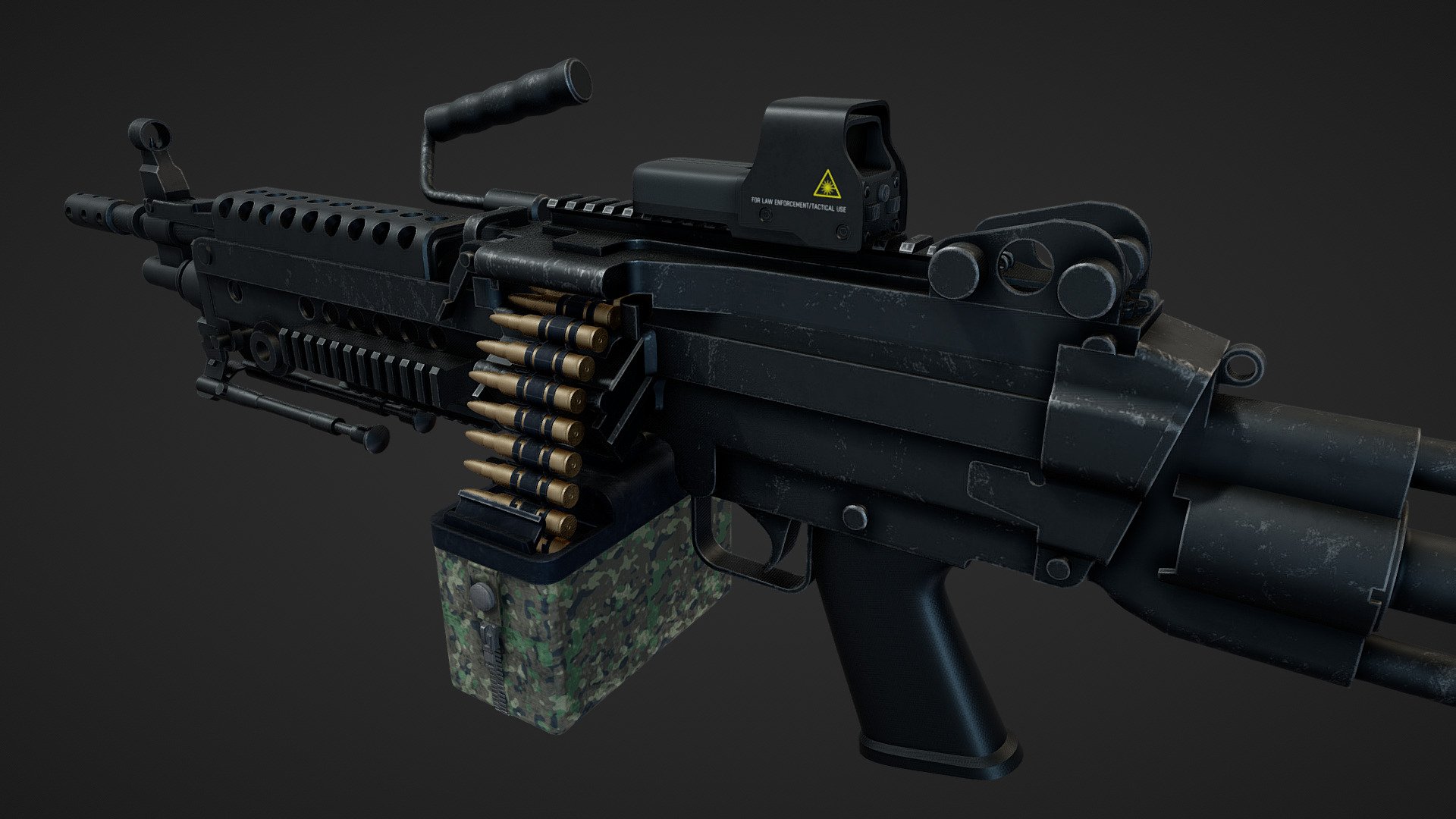 The M249 light machine gun (LMG), also known as the M249 Squad Automatic Weapon (SAW), which continues to be the manufacturer's designation, and formally written as Light Machine Gun, 5.56 mm, M249, is the American adaptation of the Belgian FN Minimi, a light machine gun manufactured by the Belgian company FN Herstal (FN) 3d model