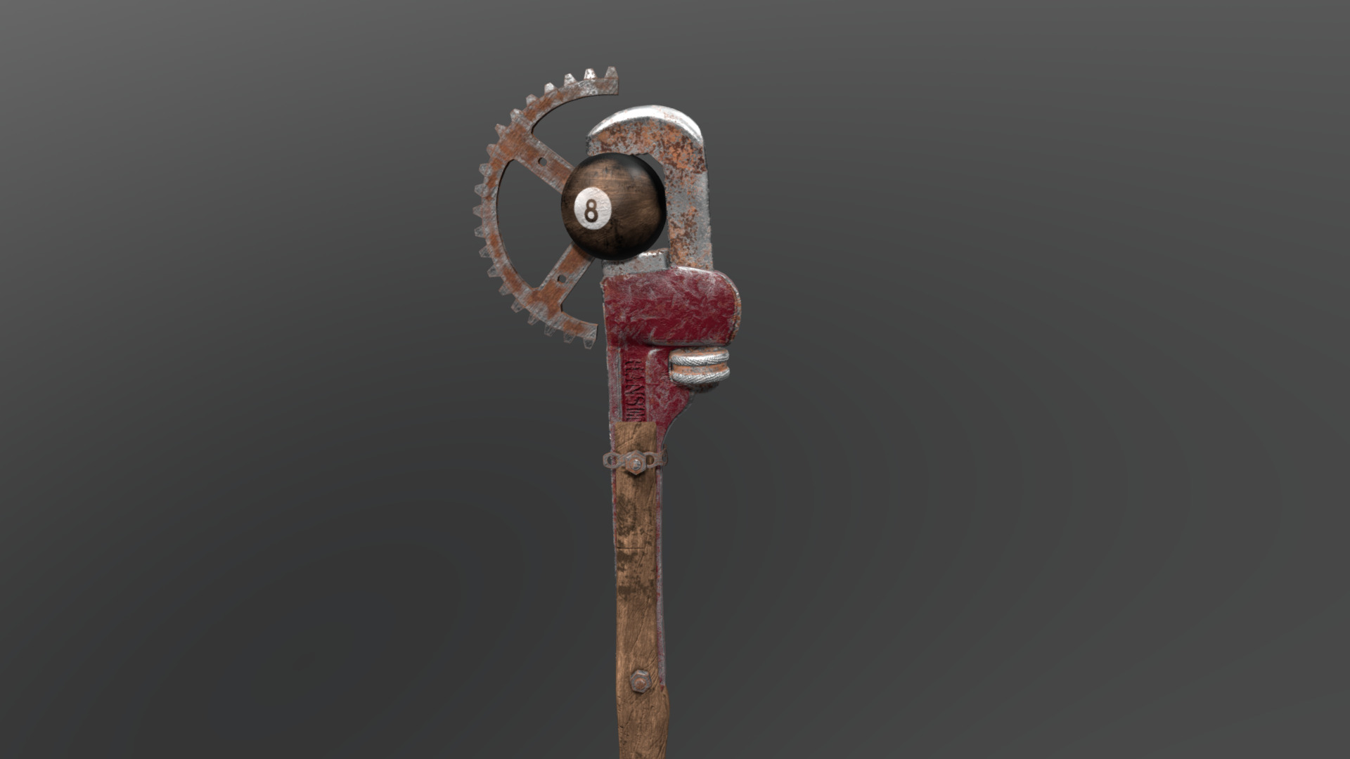 A post-apocalyptic war-axe, made from a wrench, an 8-ball and the cog from a bicycle. A nasty, makeshift weapons 3d model