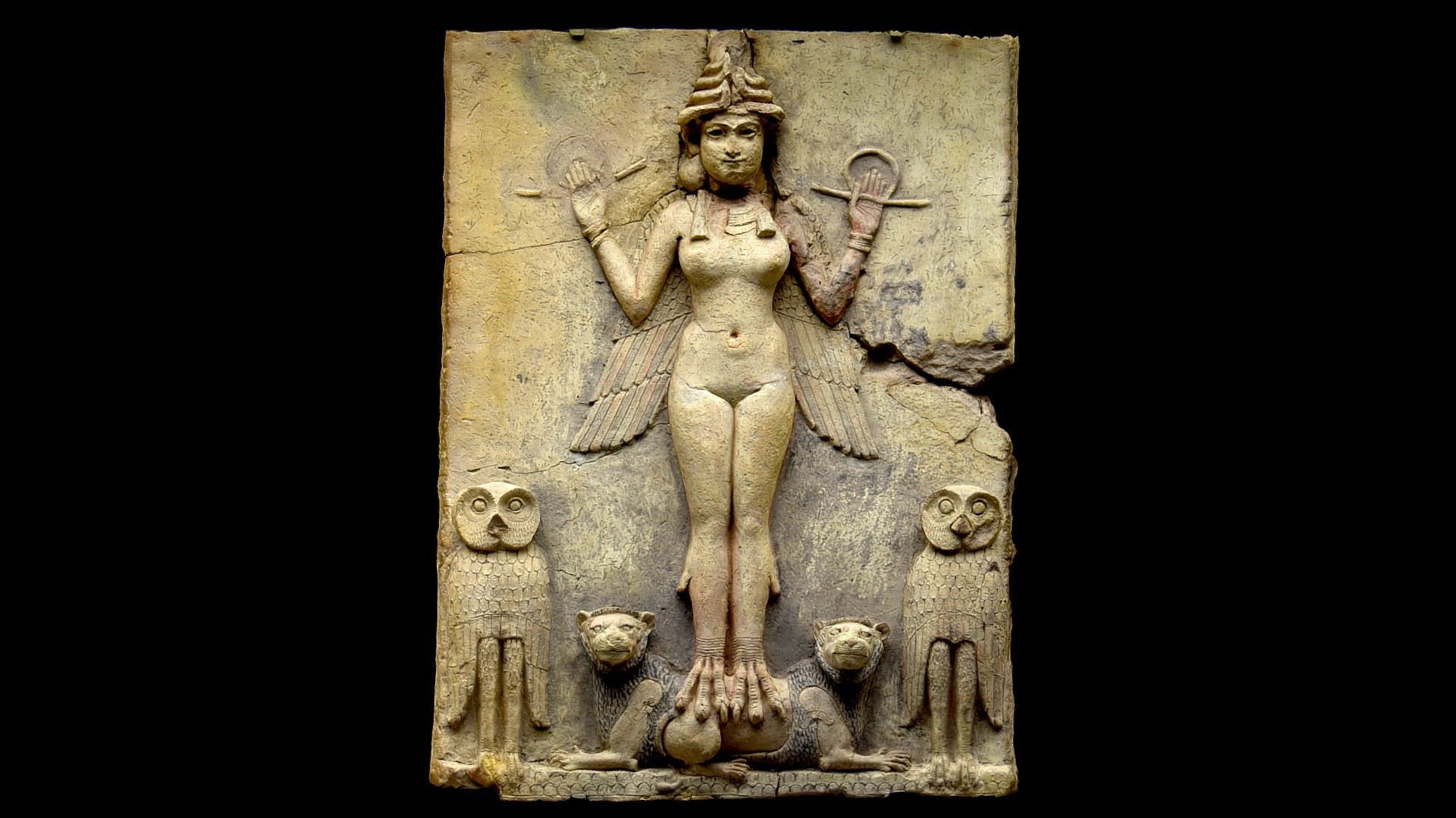 A plaque made of baked straw-tempered clay featuring a winged Babylonian goddess. It was found in southern Iraq and brought to the British Museum (BM) in 1933. It was named the “Burney Relief” after its owner, the London antique dealer Sidney Burney. Authenticity was in doubt for many years but thermoluminescence tests confirm the plaque was made between 1765 and 45 BC, thus slotted into the Old Babylonian period 1800–1750 BC. Plaque was then purchased by the BM in 2003. 

There is a great debate about who is depicted as the plaque was renamed “the Queen of the Night”. For years argued to be baby-stealing demon Lilitu, but now Ishtar is now the accepted interpretation.

Photos from testing my Nikon D5500. Uploaded on Walpurgisnacht 2020 3d model