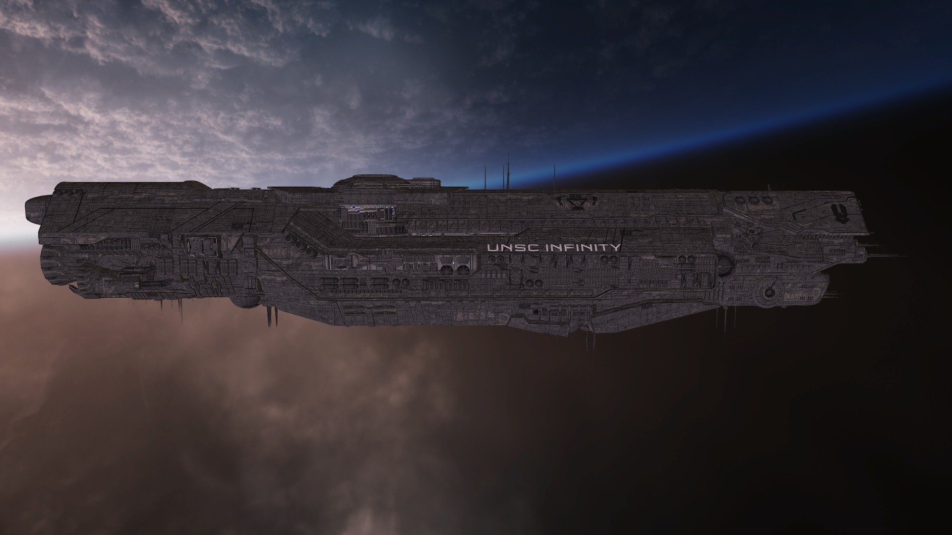 The Infinity wasn't originally conceived as a warship. The original purpose of the ship was to be a mobile colony ship in case of societal collapse during the days of the Human-Covenant war, as part of Project OUROBOROS, but the end of the war found it unfinished, and was repurposed as a warship. In 2553 Engineers from Trevelyan began assisting in the construction of the vessel, allowing Forerunner shielding to be equipped. It was completed that year, with the vessel's first deployment being to Sanghelios, where it fought Jul'Mdagio and his bunch.

After the ship's completion, it was re-purposed as a peacetime vessel, searching for Forerunner installations. It was during this mission in 2557 that the ship took part in the First Battle of Requiem. The same vessel would return for the Second Battle of Requiem 3d model