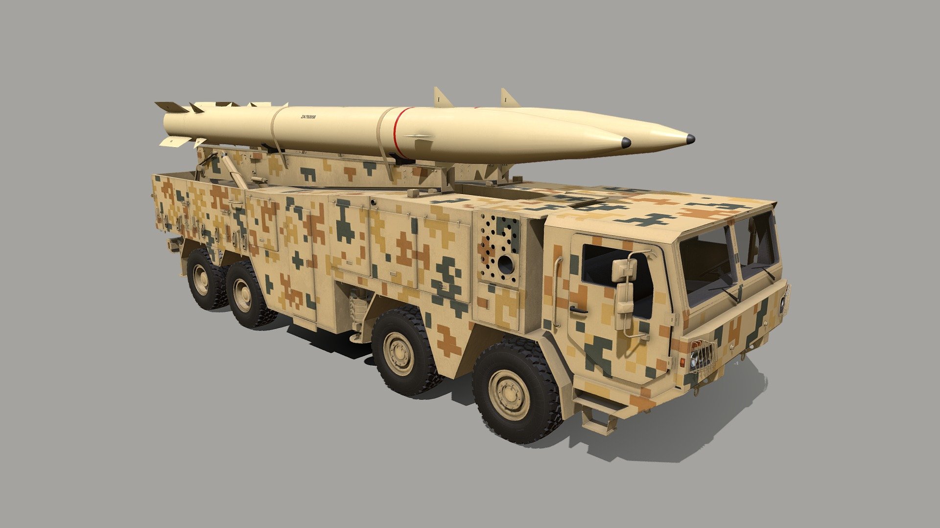 The Zolfaghar  missile is an Iranian road-mobile single-stage, solid-propelled SRBM named after the sword of Ali ibn Abi Talib Zolfaghar. It is believed to be derived from the Fateh-110 SRBM family (possibly the Fateh-313 missile). The Aerospace Industries Organization unveiled their new weapon in 2016 which entered service in 2017 as a longer range version of the Fateh-110 SRBM 3d model