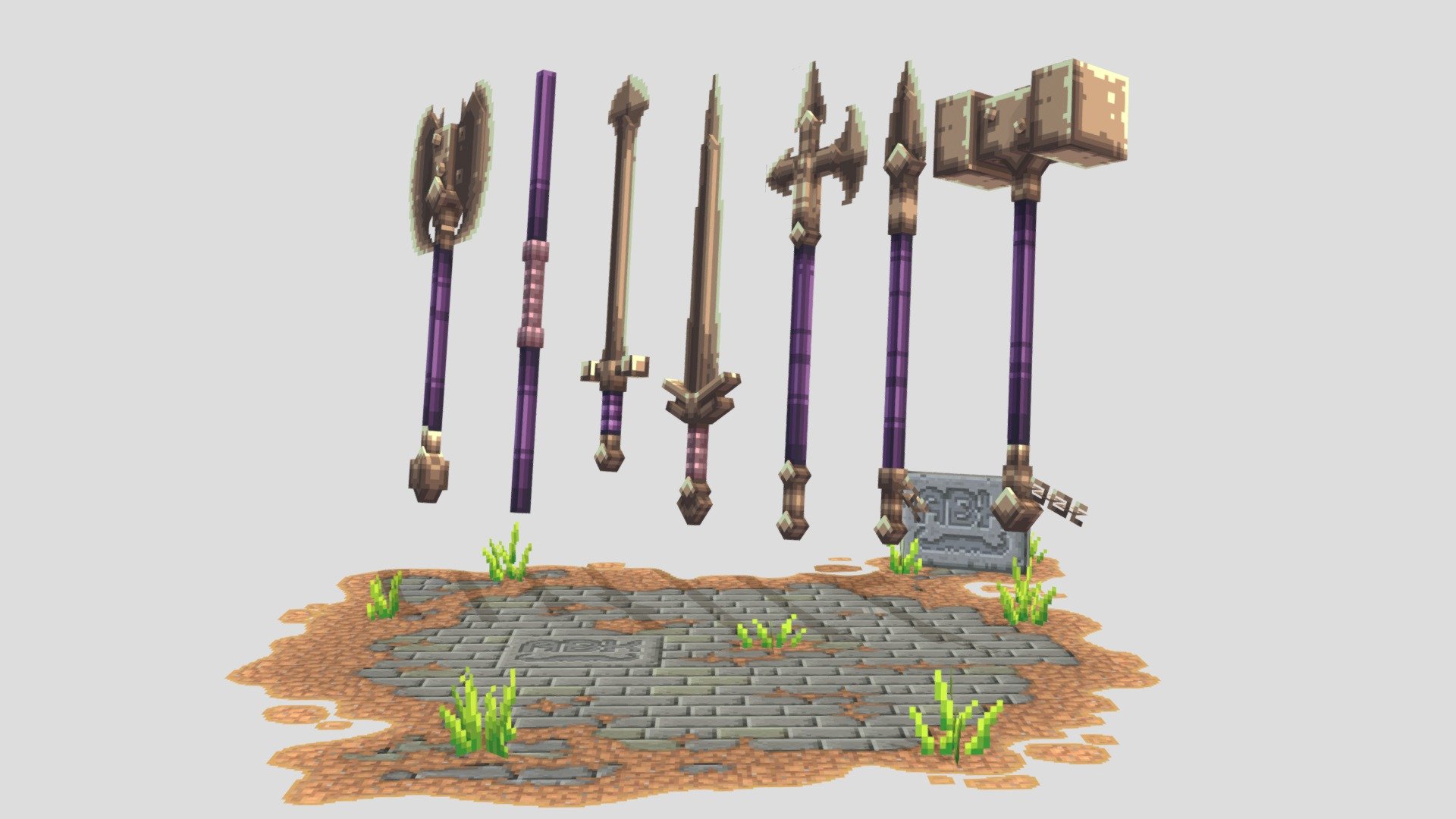Fantasy Medieval Weapon Pack vol.1. This is an open weapons pack with .json files and .png textures featuring classic rpg items.
They are all made as 3D item models for Java Minecraft.

This download contains .json models and .png textures that can be added into a resource pack using CustomModelData (custom model data).

Browse all of our custom models over at artsbykev.net/webstore


DISCLAIMER: Scenery is not part of the actual pack.


Contents:


Broadsword
Standard Sword
Staff
Hammer
Polearm
2 Hand Axe

Pack comes with this Sketchfab Exclusive Color Variant


All blockbench models can be used in other game engines too by exporting .obj or .gltf files.


See the original pack over at https://www.artsbykevstudio.com/marketplace-java-models/p/fantasy-medieval-weapon-pack-no1 - Fantasy Medieval Weapon Pack vol.1 - Buy Royalty Free 3D model by ArtsByKev Studio (@ArtsByKev) 3d model
