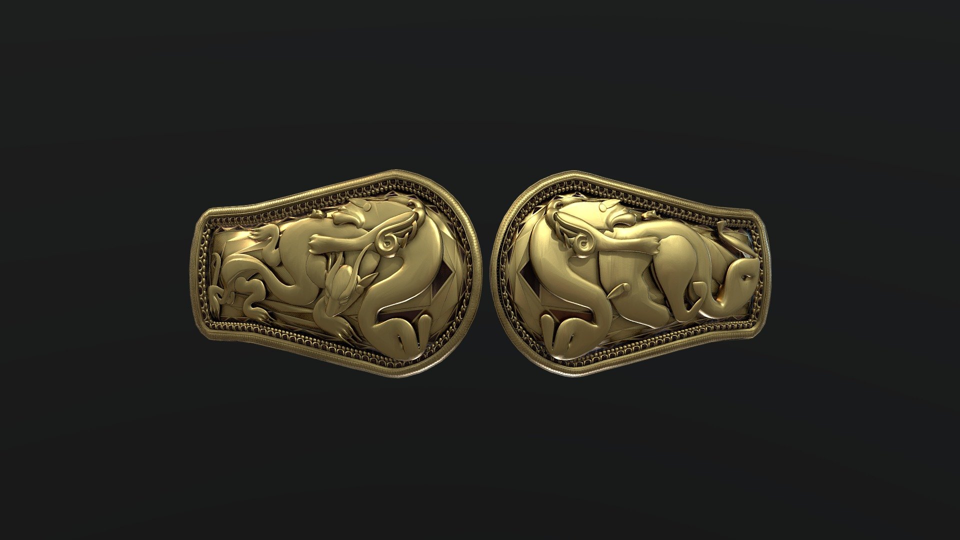 Xiongnu-inspired Hunnic belt buckles for my project: The Legend of Oghuz Khan.

The wolves on each buckle are shaped like clouds, symbolizing Oghuz's sovereignty over the earth. In Hunnic and Turkic culture, the left or East is considered the superior cardinal direction; hence, a prince associated with the East would often be designated as heir to the khanate. As such, the horse, symbolizing the nomad, is placed on the East in contrast to the dragon that represents the Han, or non-bow wielding peoples. Nonetheless, both the horse and the dragon are shown to be powerless against the wolves that represent Hunnic superiority. 

Stylistically, the buckles emulate the classic look of Xiongnu and Hunnic jewelry: gold, granulated, with carnelians/agate stones, and cloud and predatory based motiffs.

The belt is still a work in progress.

The symbolic descriptions are not meant to be offensive. They reflect the ideologies of the distant past and are thus not meant to be viewed from a modern perspective - The Legend of Oghuz Khan - Baatar's Belt Buckle - 3D model by BilgeBitig 3d model