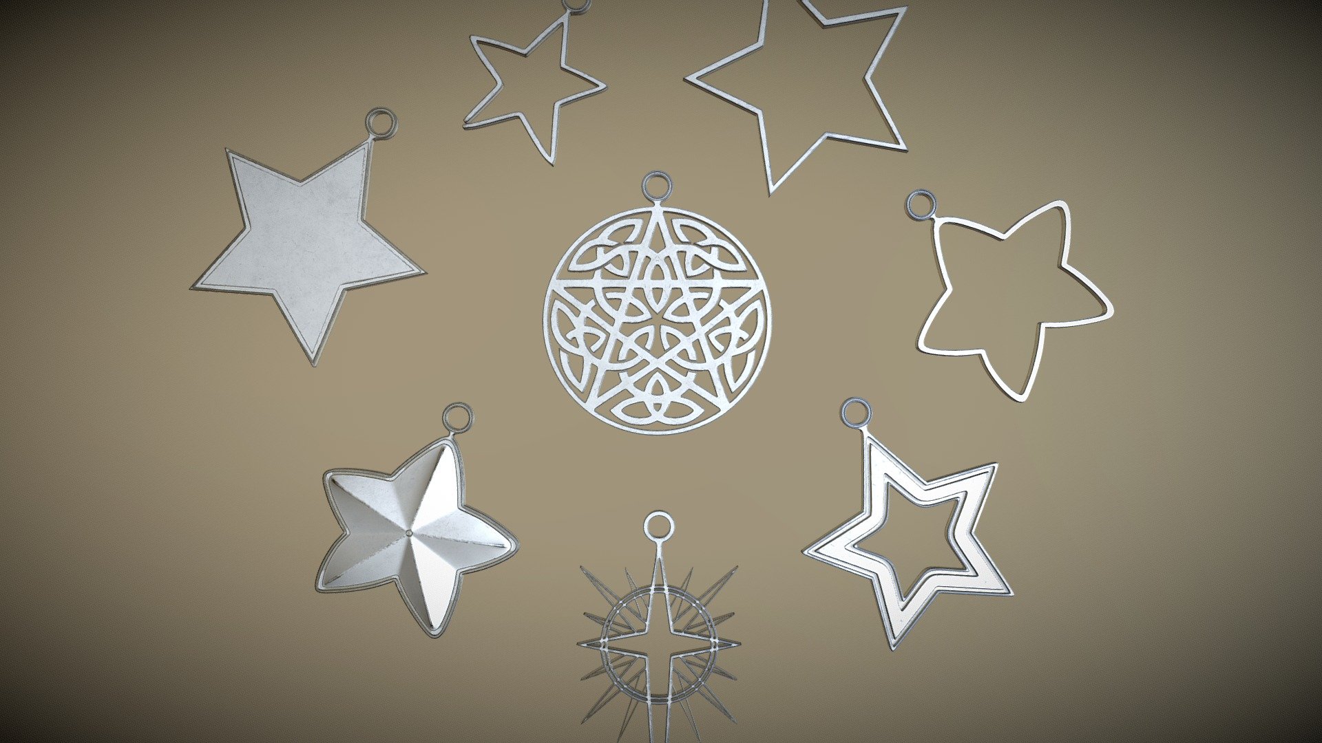 Stars - Printable Pendants.
Smooth printable models.
UV Unwrapped and textured. 
Comes with textures at 4096x4096 resolution. 

The model file contains 8 objects, 1 set of materials, and 1 set of textures. 
Modeled in Blender, painted in Substance Painter.

Blend file before modifiers has 13.648 Faces, and 13.748 Vertices.
.
My Gallery: https://edjan3d.wixsite.com/my-site - Stars - Printable Pendants - Buy Royalty Free 3D model by Ed.Jan 3d model