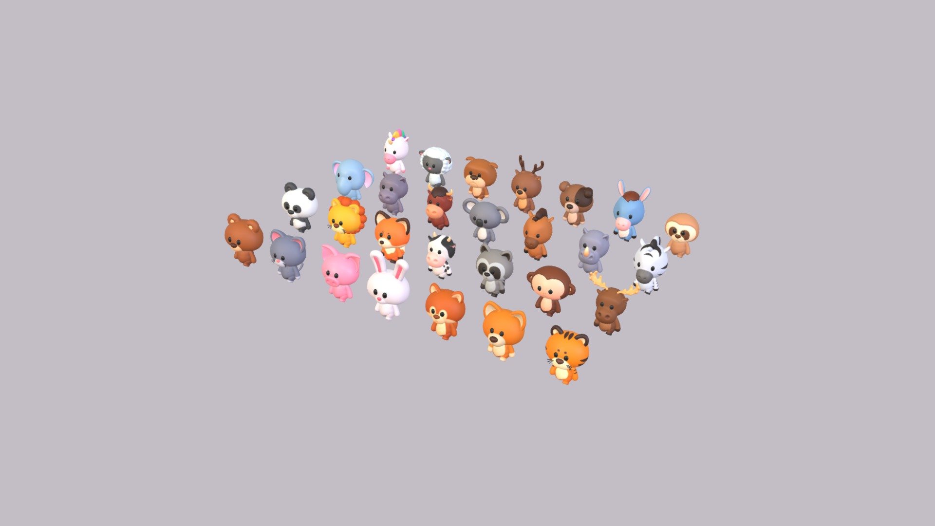 Rigged Cartoon Animal Character Pack 3d model.      
    


28 Rigged Animal  

- Bear  

- Cat  

- Pig  

- Rabbit  

- Squirrel  

- Dog  

- Tiger  

- Panda  

- Lion  

- Fox  

- Cow  

- Raccoon  

- Monkey  

- Moose  

- Elephant 

- Hippopotamus  

- Bull  

- Koala  

- Horse  

- Rhinoceros 

- Zebra  

- Unicorn  

- Sheep  

- Bulldog  

- Reindeer  

- Jack Russell Dog  

- Donkey  

- Sloth  


File Format      
 
- 3ds max 2023  
 
- FBX  
 


Clean topology    

Rigged with CAT in 3ds Max                         

Non-overlapping unwrapped UVs        
 


PNG texture               

2048x2048                


- Base Color                        

- Normal                            

- Roughness                         

 - Pack007  Rigged Cartoon Animal Pack1 - Buy Royalty Free 3D model by BaluCG 3d model